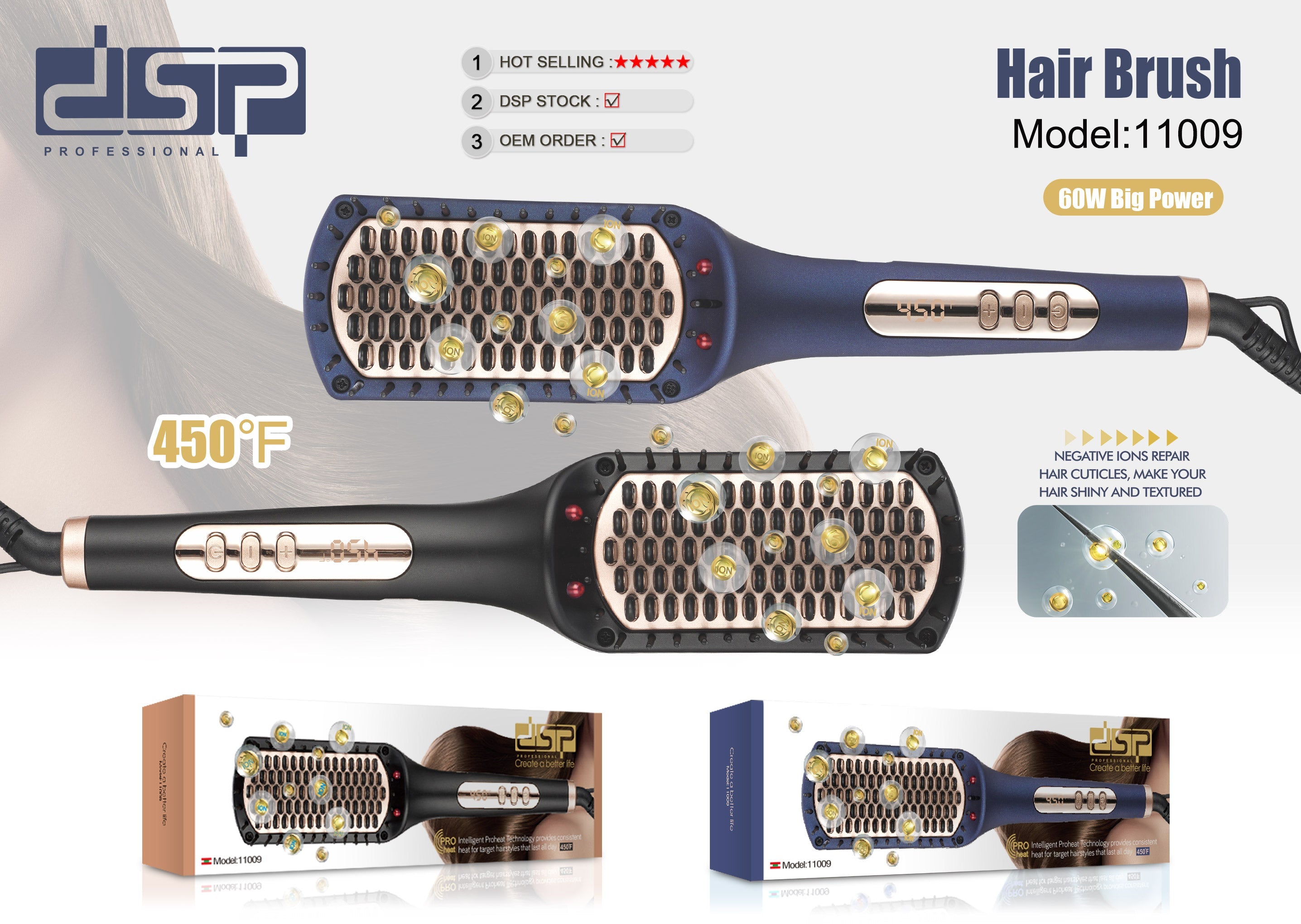 Professional Hair Straightening Brush with Ionic Technology – Heat 450 Fahrenheit – DSP 11009