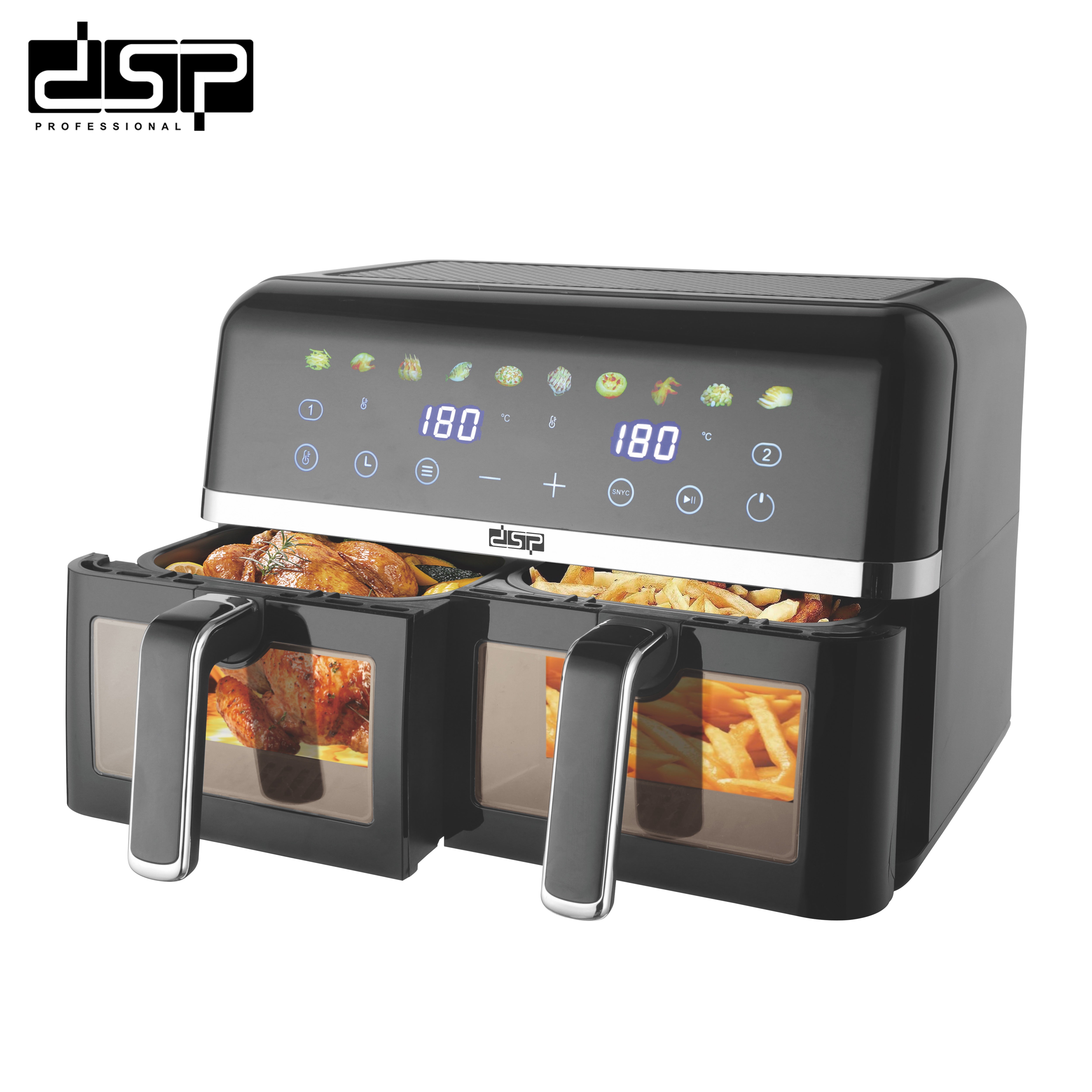 DSP KB2174 Double Air Fryer – 2800 Watts (1400+1400) with a capacity of 10 liters (5+5) with a colored LED screen and viewing window
