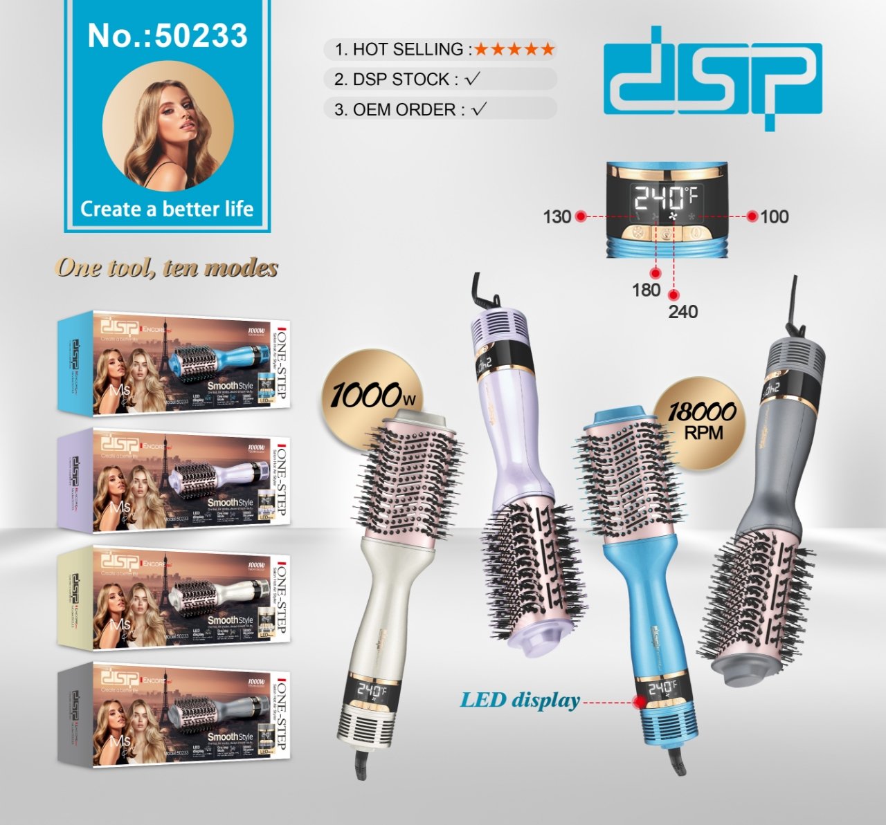 فرشاة تصفيف وتجفيف بشاشة LED – 10 أوضاع – DSP 50233