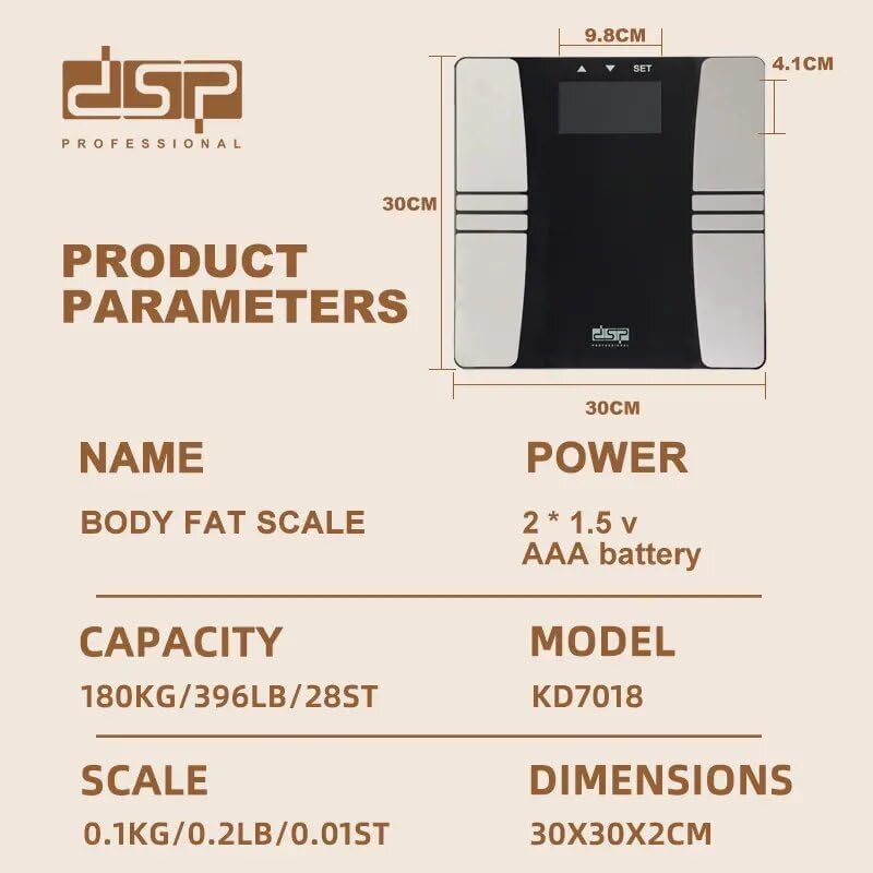 Body Fat Scale XL Smart Display BMI & Fat% 180kg | KD7018 | DSP | Image 3