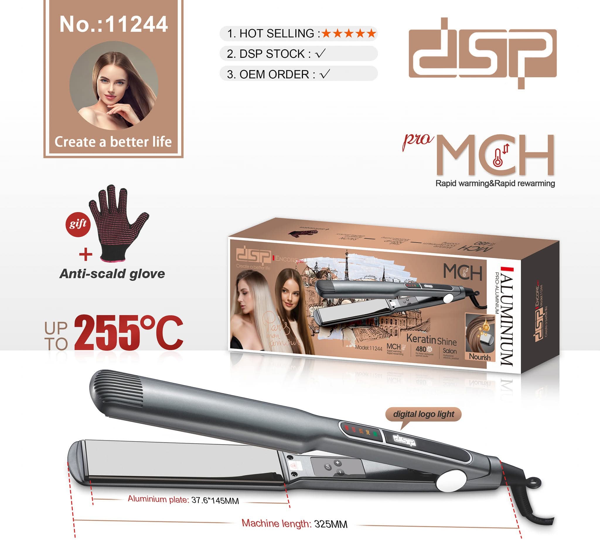Professional Fast Heating Hair Straightener – 255°C – DSP 11244