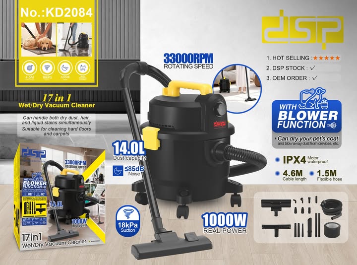 مكنسة كهربائية DSP – 1000 وات – سعة 14 لتر – شفط 18Kpa – Wet & Dry + Blower – موديل KD2084