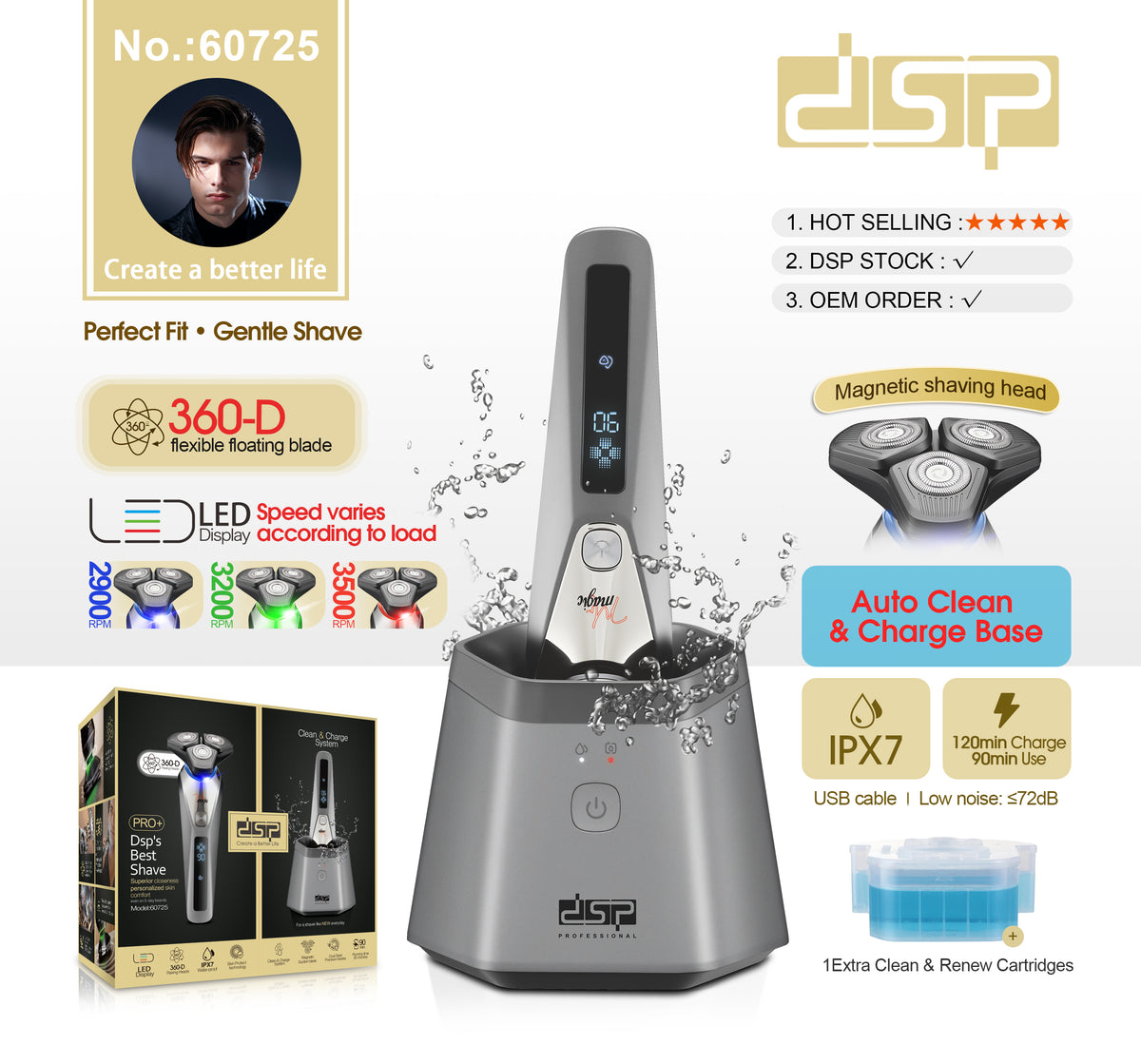 ماكينة تنعيم الذقن بثلاث رؤوس دوارة وقاعدة تنظيف وشحن أوتوماتيك DSP 60725