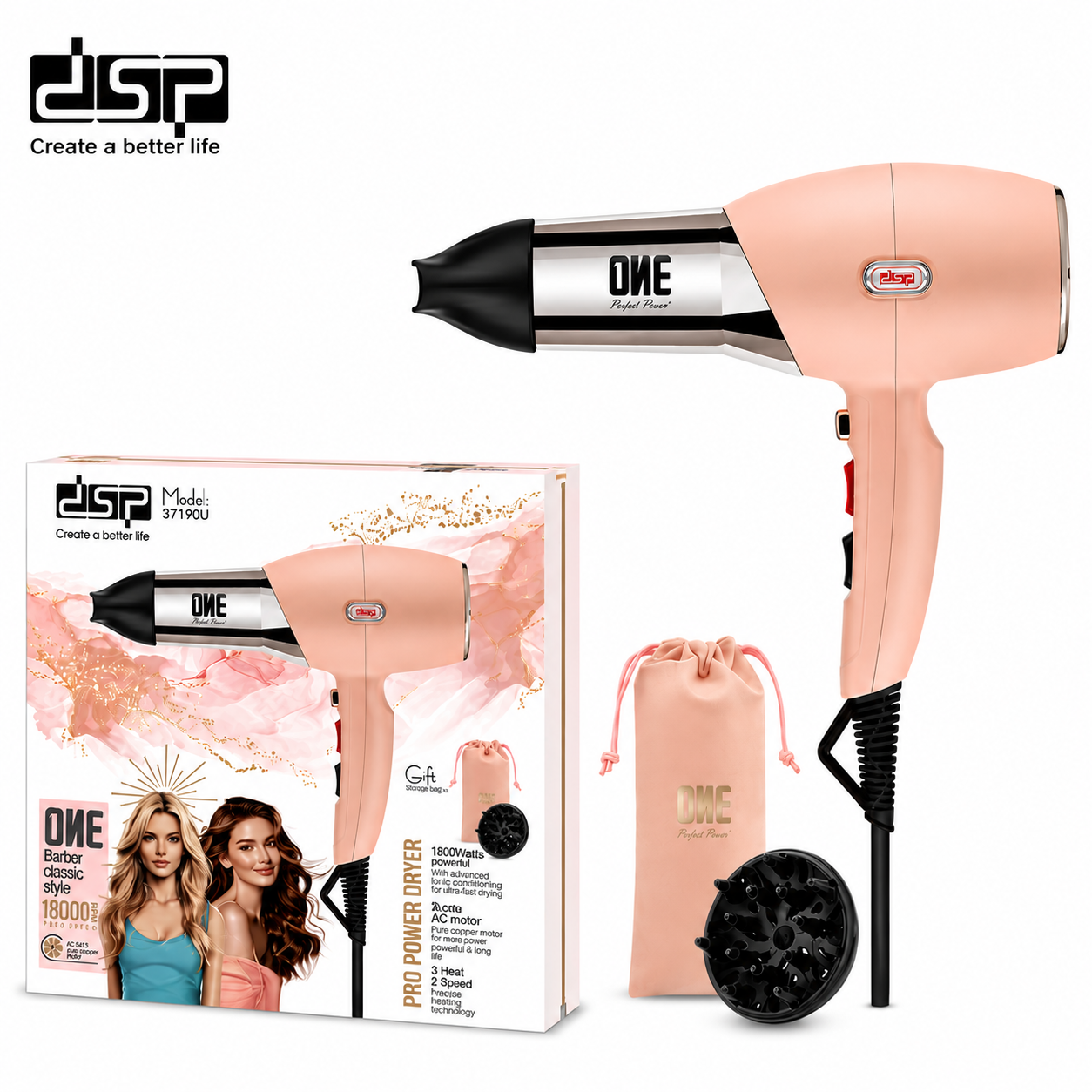 سيشوار شعر Peach Pearl بمحرك نحاس احترافي وشنطة تخزين هدية DSP 37190U