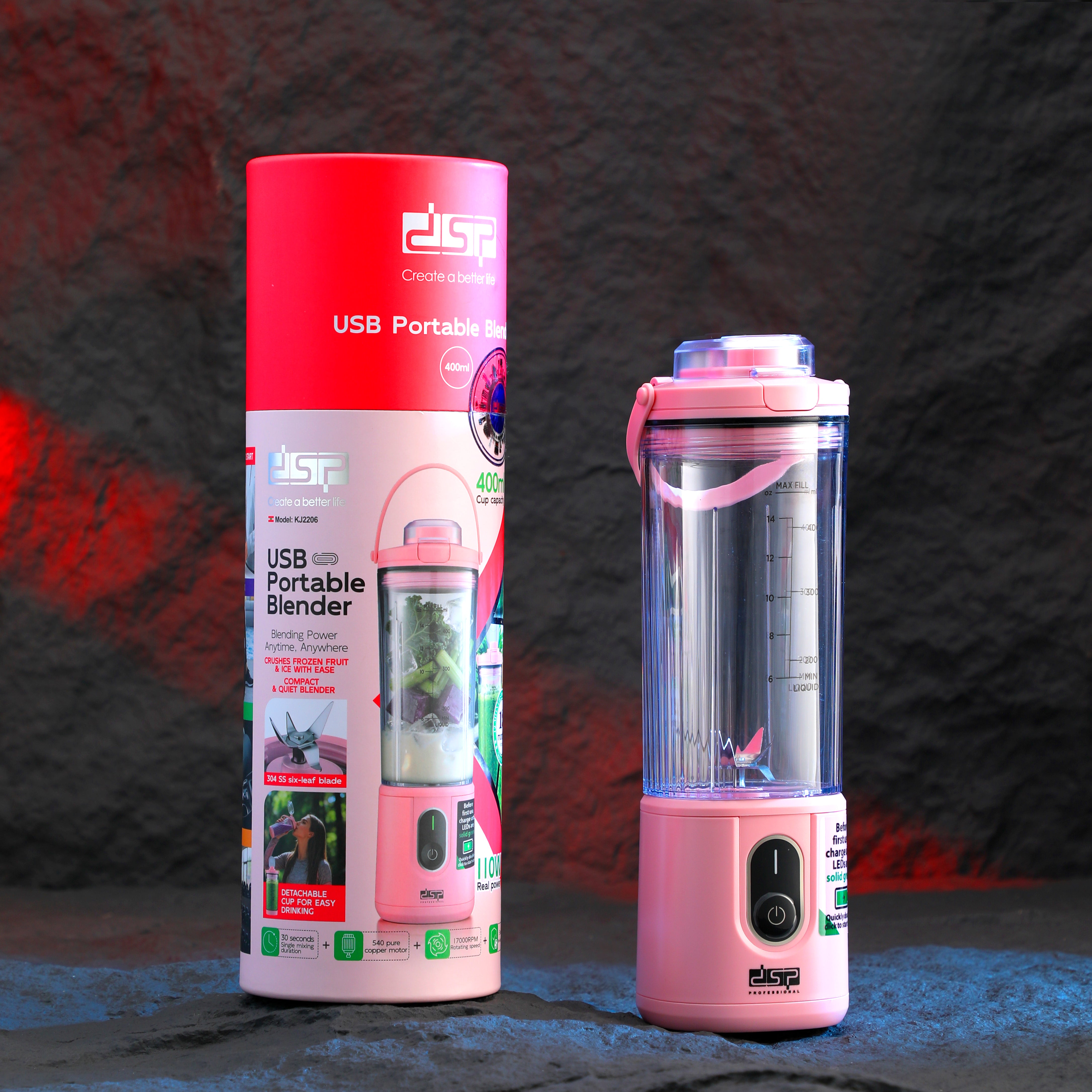 خلاط محمول DSP KJ2206 بقوة 110 وات – سعة 400 مل – 6 شفرات ستانلس ستيل – USB