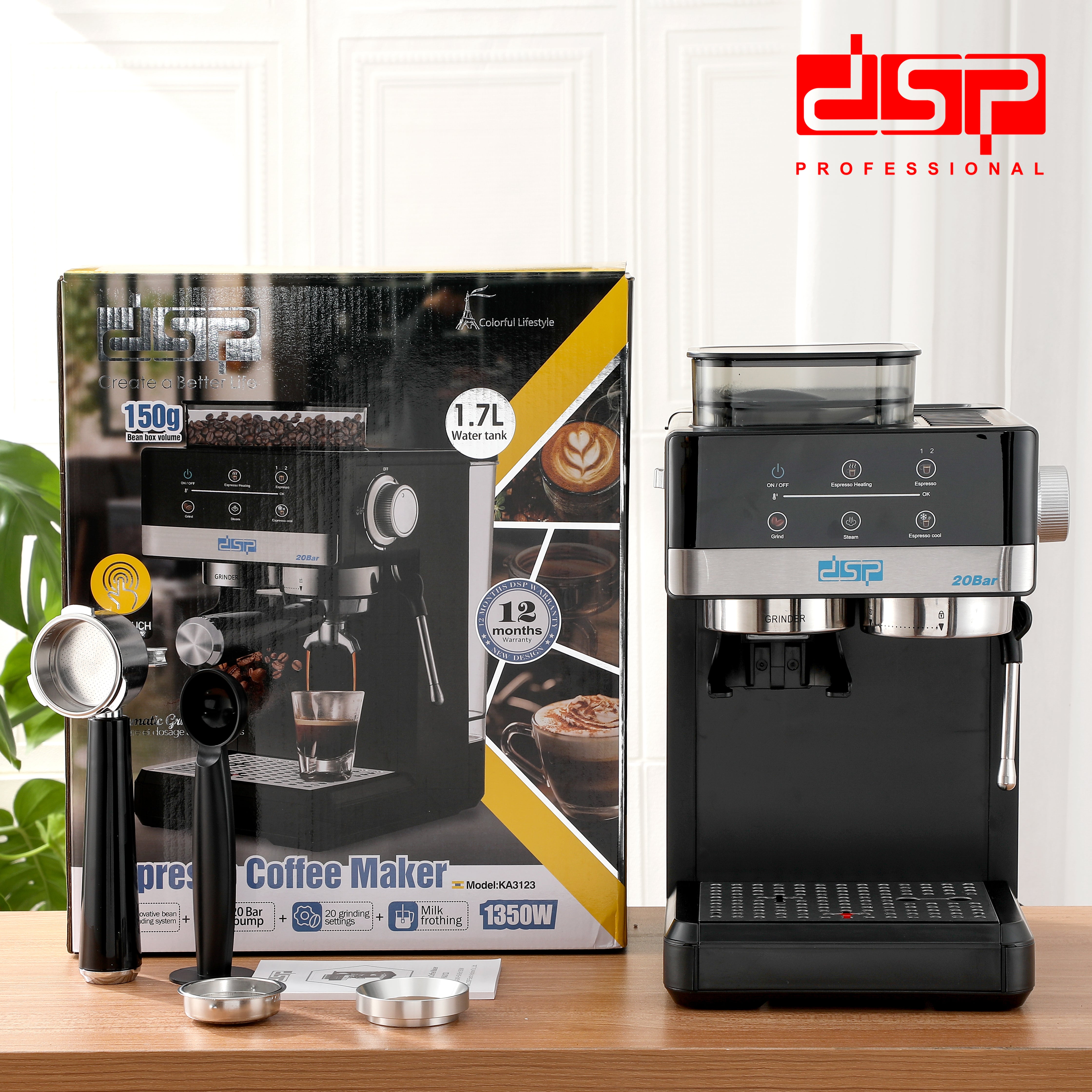 ماكينة إسبريسو بطاحونة مدمجة – 20 بار – 1350 وات – DSP KA3123
