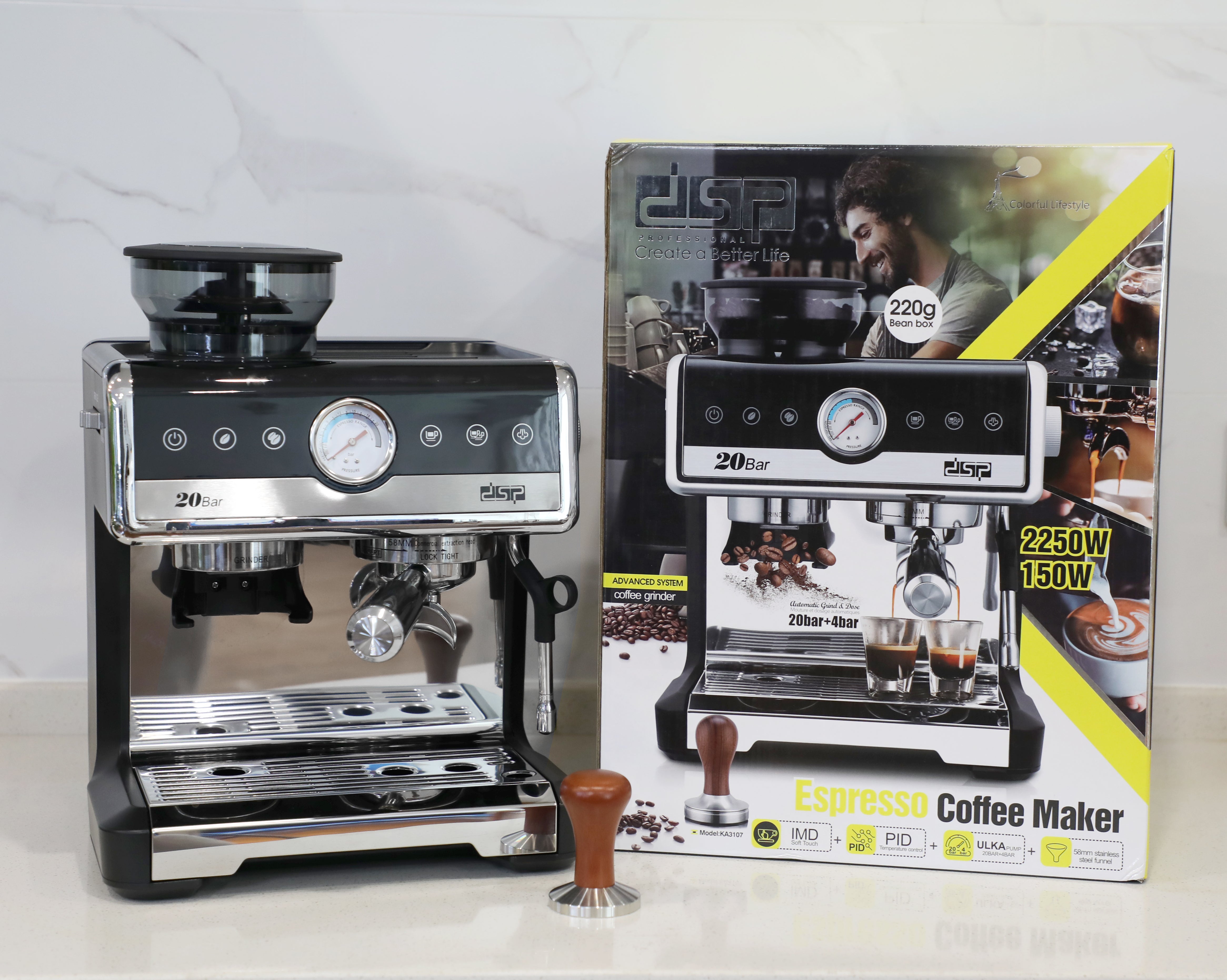 ماكينة إسبريسو 2×1 بطاحونة مدمجة – 20 بار – 2250 وات – DSP KA3107