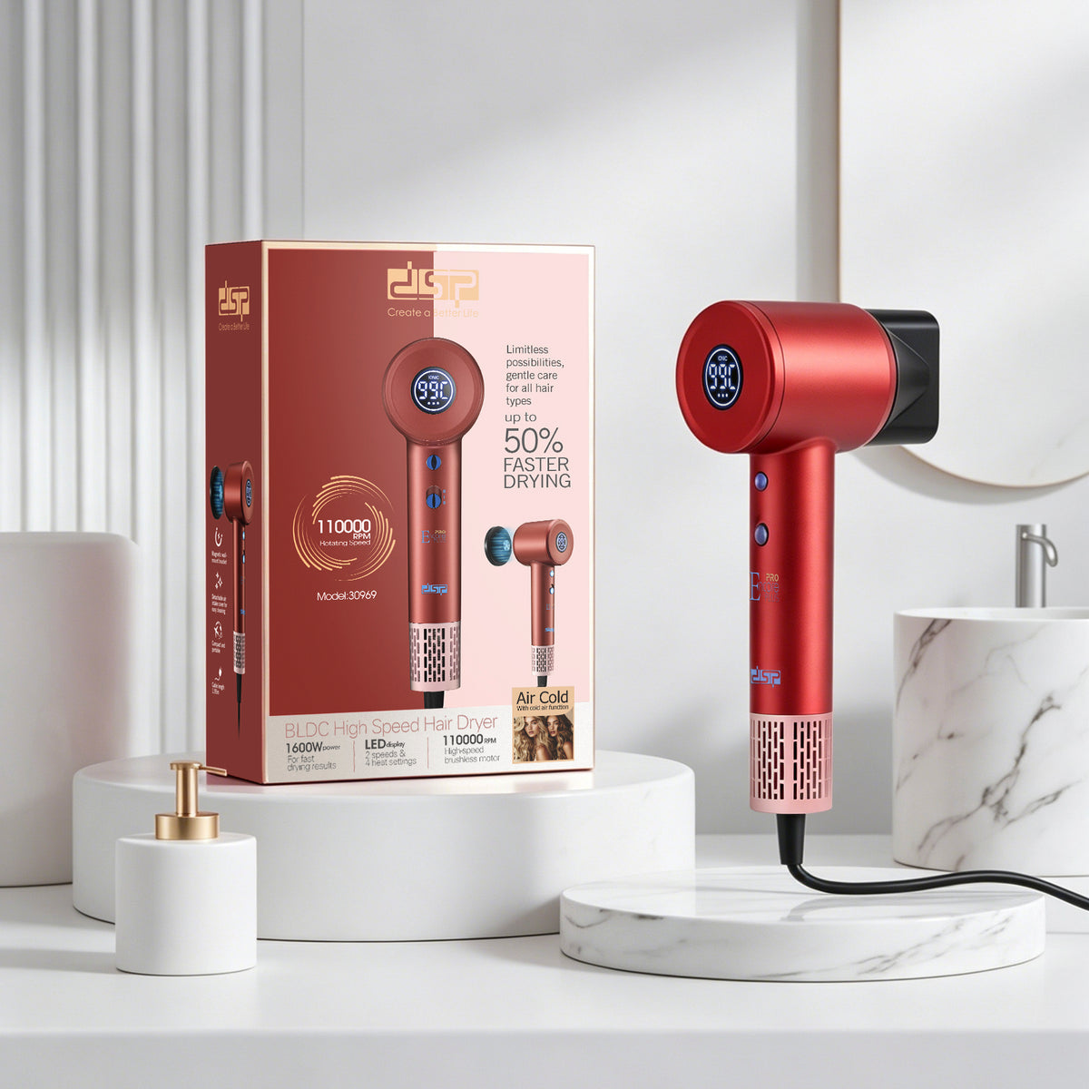 سيشوار شعر BLDC عالي السرعة 1600 وات – 110000 RPM – 4 حرارة وشاشة LED – DSP 30969 – صورة 8
