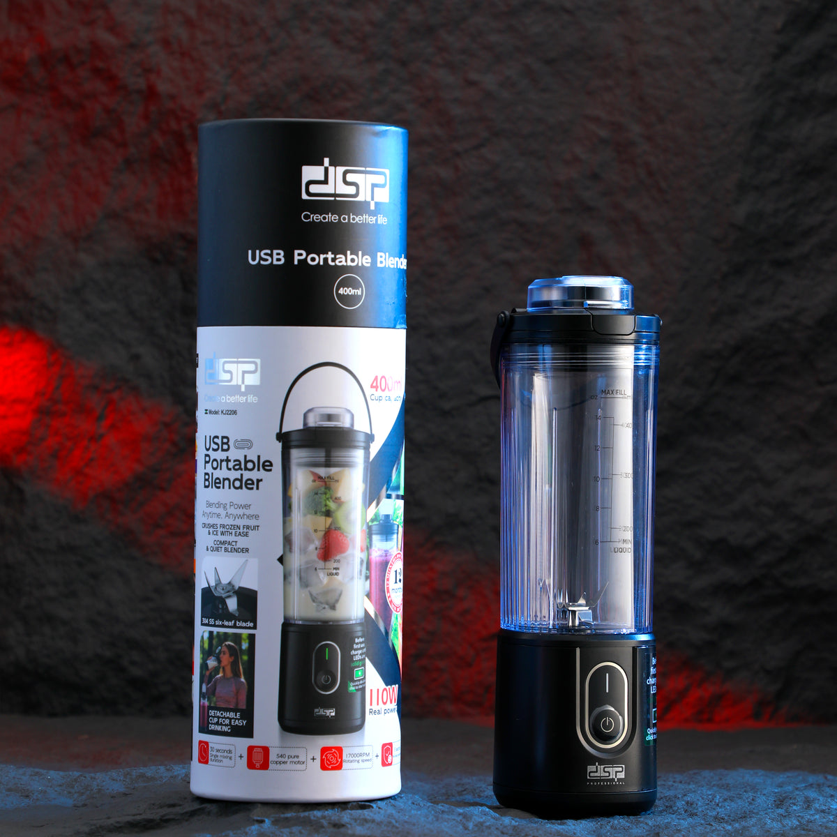 خلاط محمول DSP KJ2206 بقوة 110 وات – سعة 400 مل – 6 شفرات ستانلس ستيل – USB