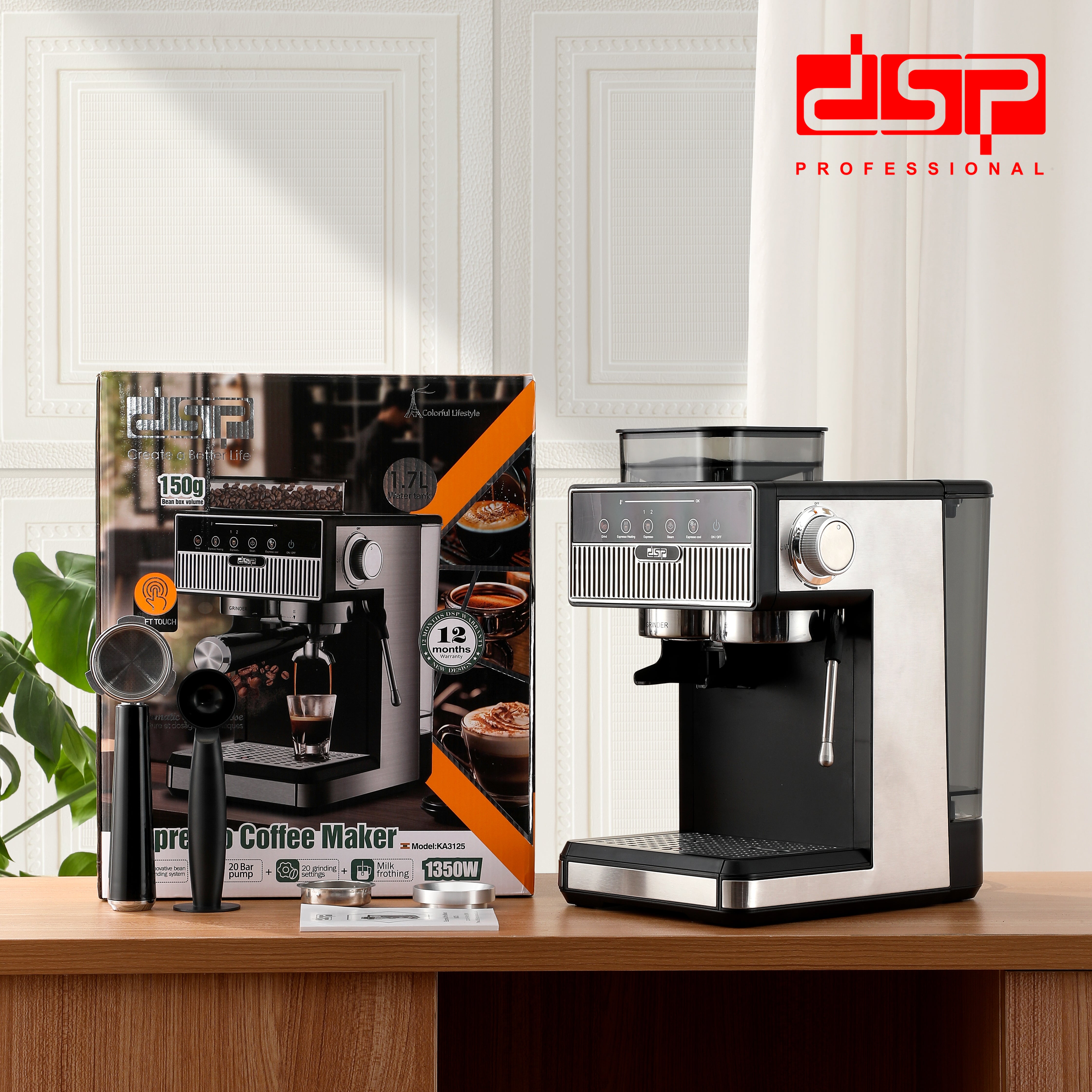 ماكينة إسبريسو بطاحونة مدمجة – 20 بار – 1350 وات – DSP KA3125