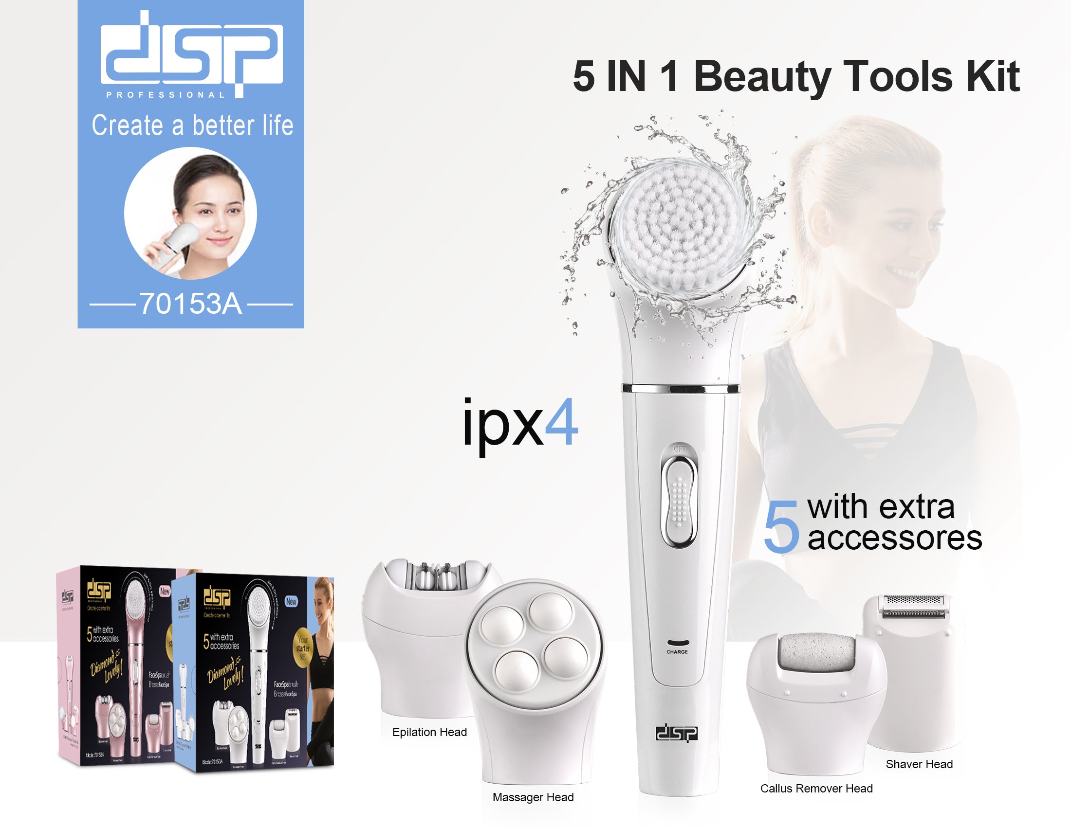 طقم العناية وإزالة الشعر 5 في 1 DSP 70153A – مقاوم للماء IPX4 مع 5 ملحقات