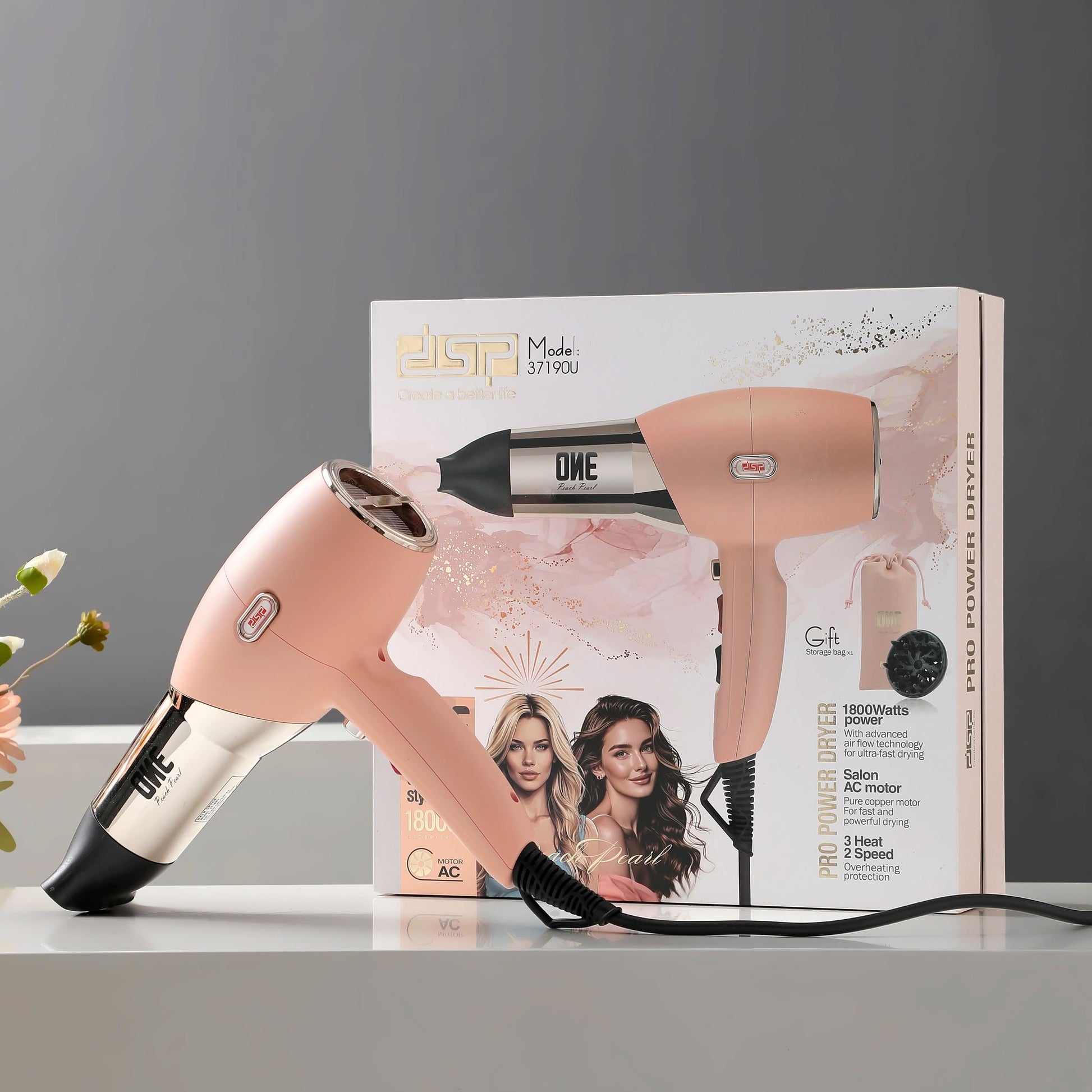 سيشوار شعر Peach Pearl بمحرك نحاس احترافي وشنطة تخزين هدية DSP 37190U – صورة 3