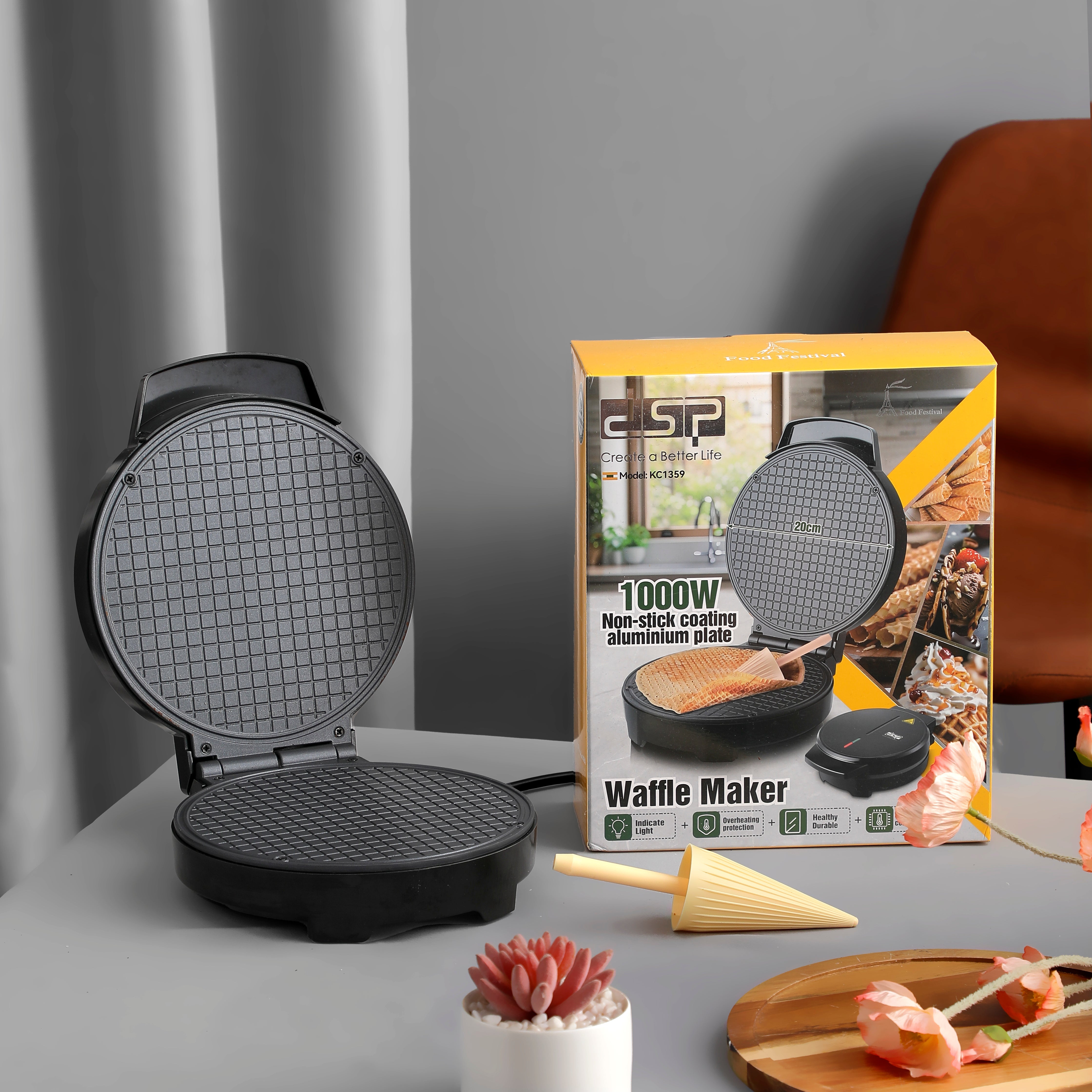Ice Cream and Waffle Cookie Maker DSP KC1359 – 1000 Watts – 20 cm Round Plate – Temperature Control