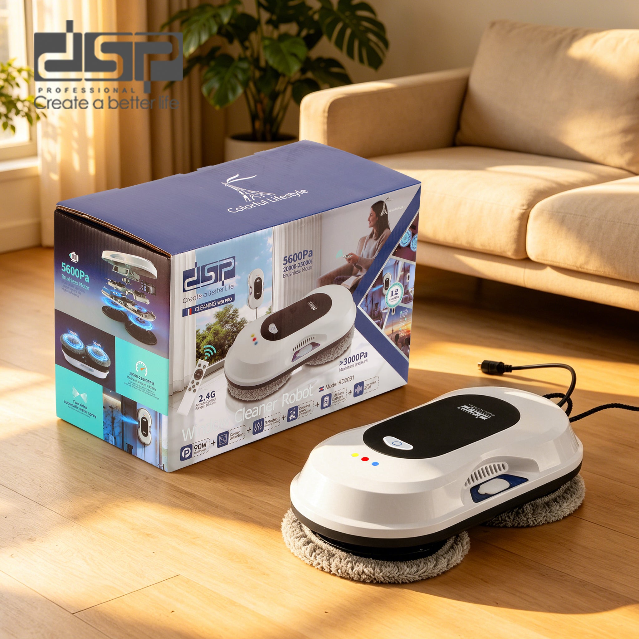 روبوت تنظيف النوافذ الذكي DSP KD2091 – قوة شفط 5600Pa مع رش مياه أوتوماتيكي وتحكم عن بُعد