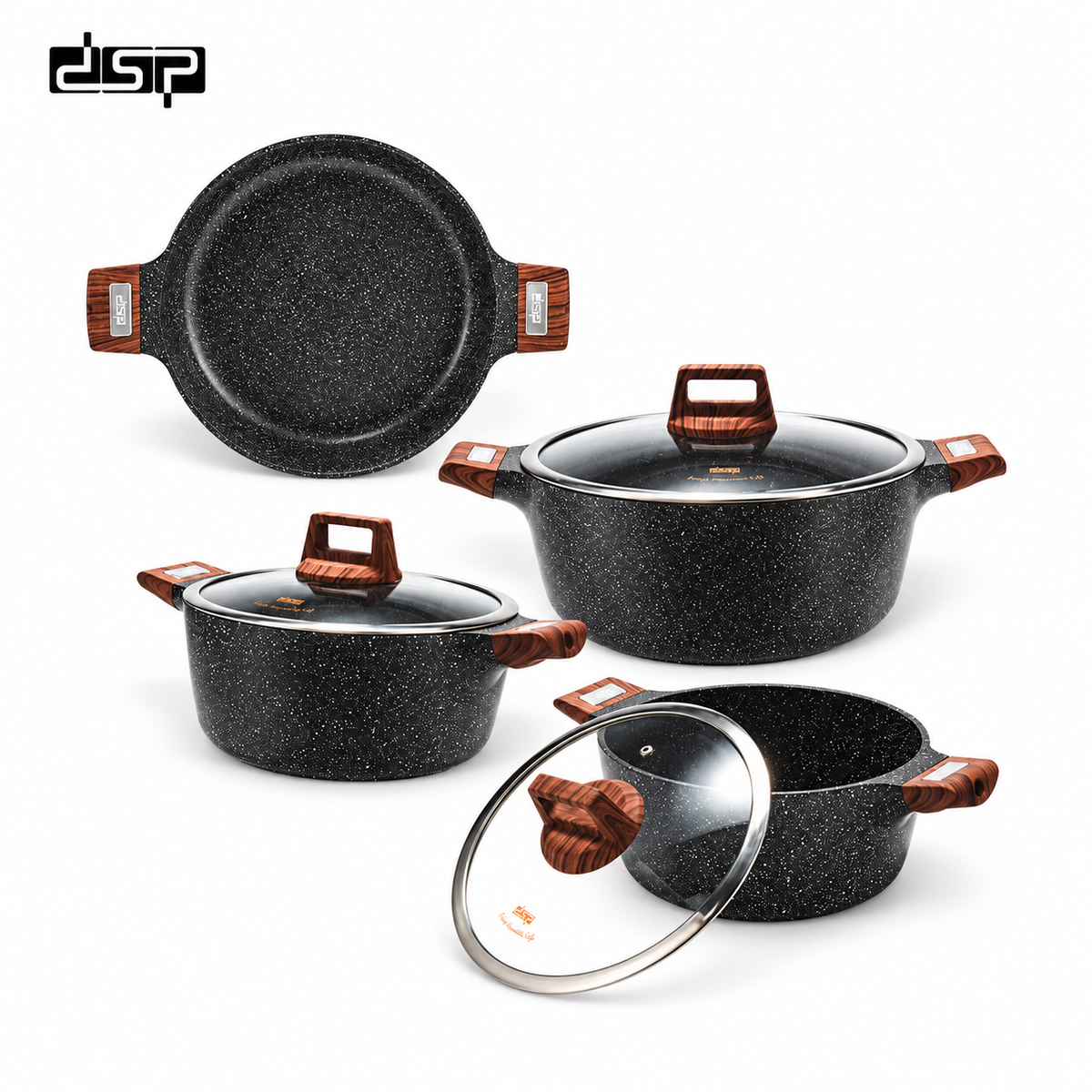 طقم حلل جرانيت غير لاصق DSP CA005-S01 Black – 7 قطع – 3 حلل وطاسة تسبيك