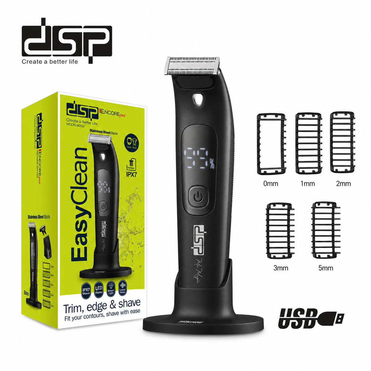 ماكينة حلاقة وتشذيب للوجه والجسم – ضد الماء IPX7 وشاشة LED – DSP 60332
