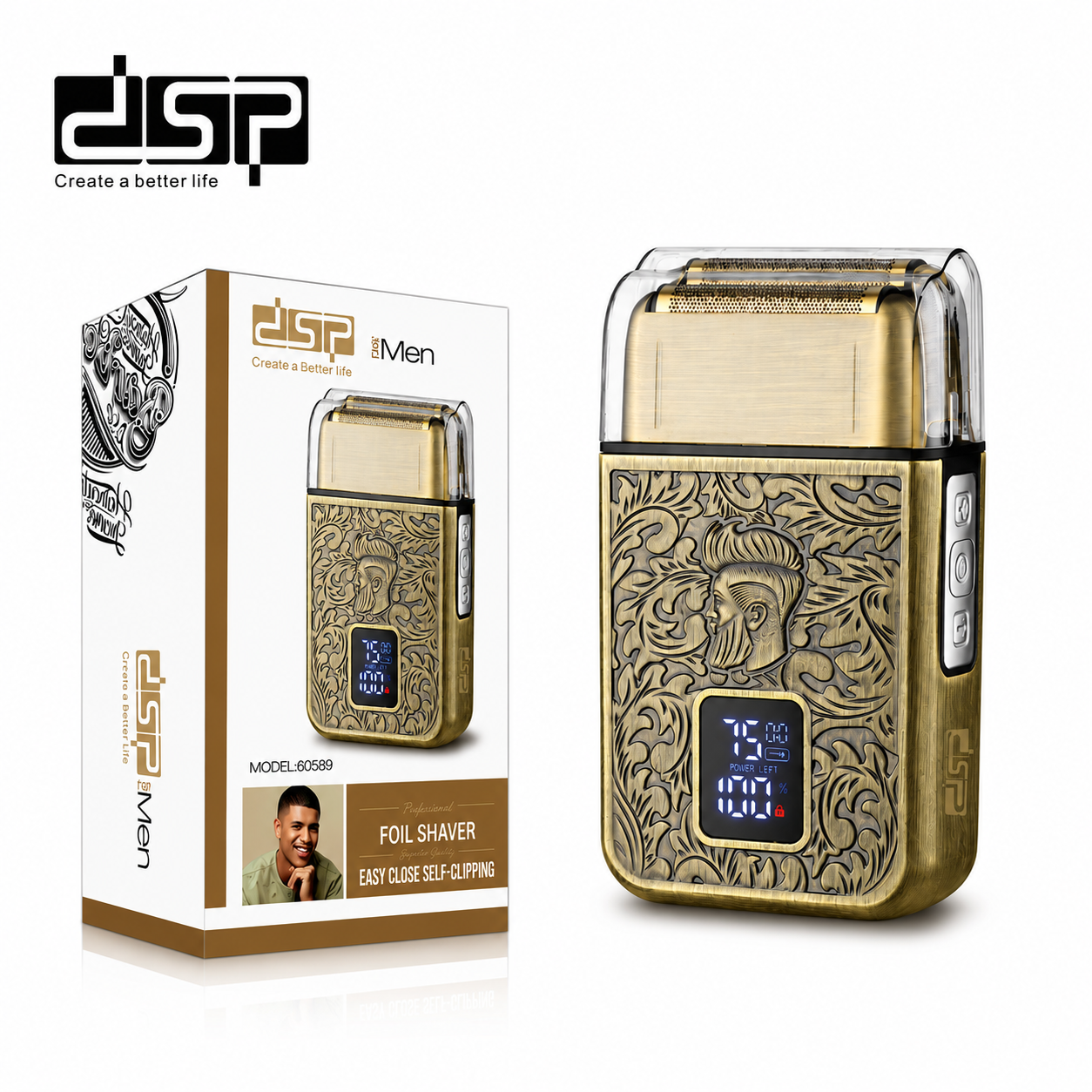 ماكينة تنعيم الذقن والرأس بتصميم محفور وشاشة LCD وبطارية ساعتين DSP 60589