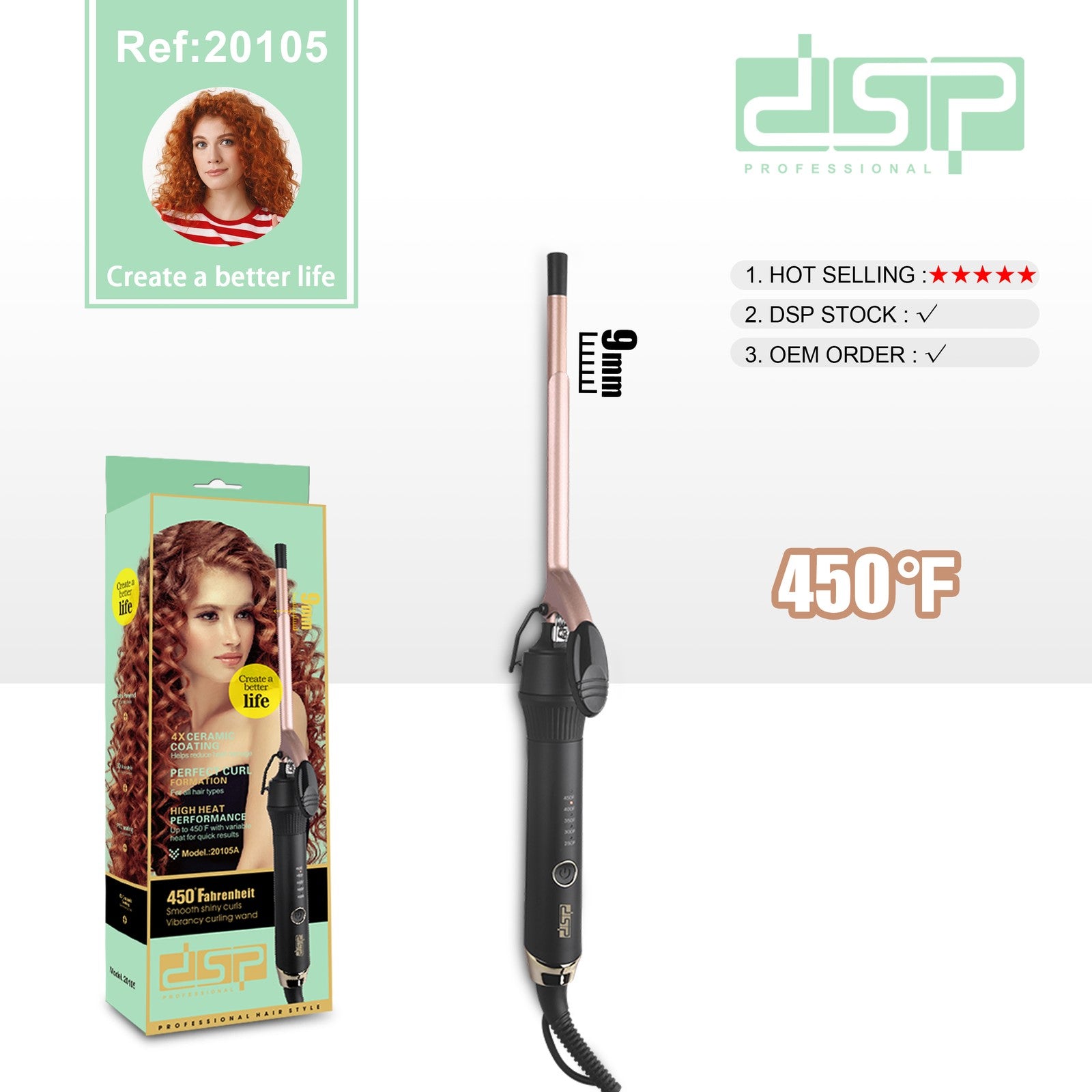 مكواة تجعيد DSP 20105 – أنبوب سيراميك 9 مم بضبط للحرارة – صورة 3
