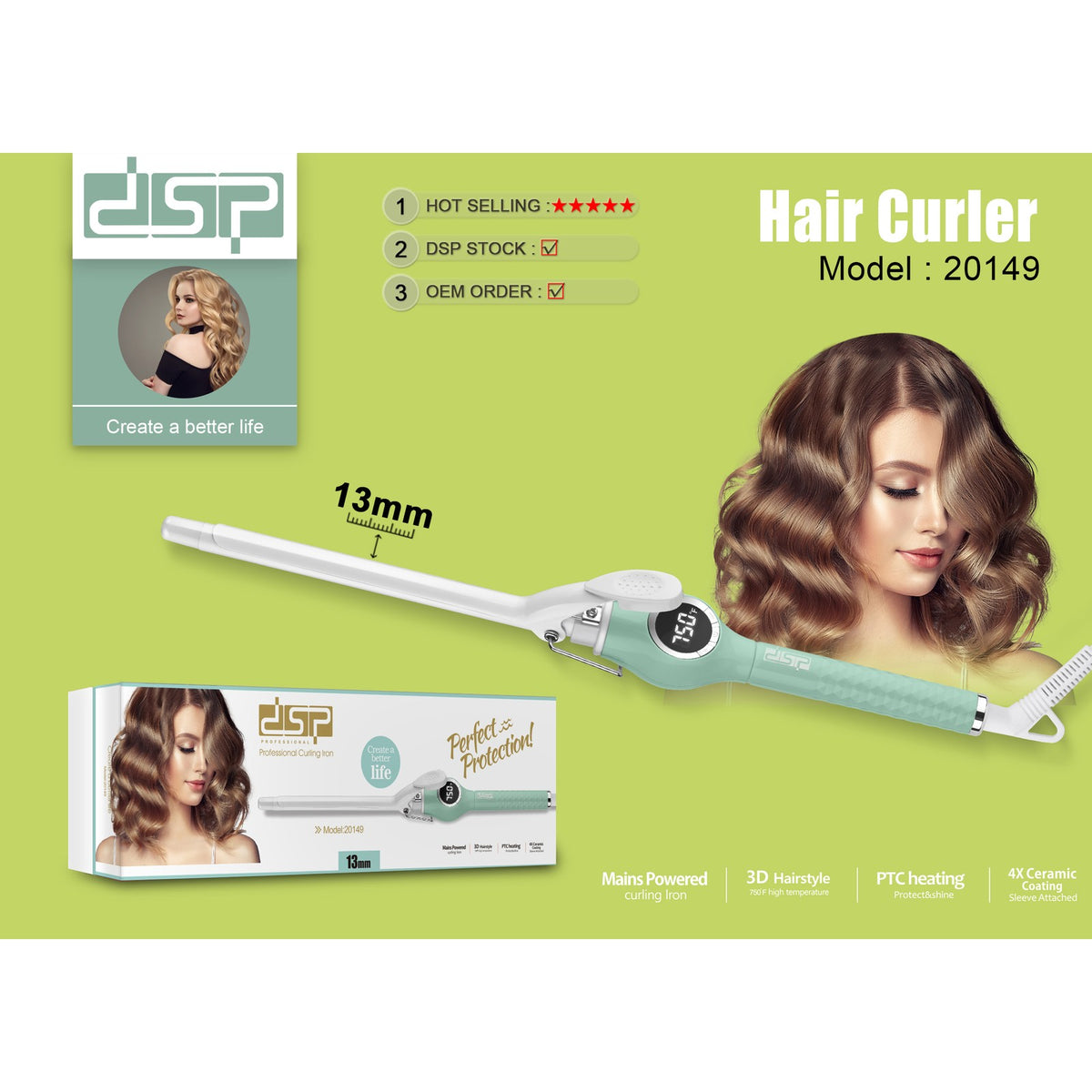مكواة تجعيد DSP 20149 – أنبوب 19 مم بشاشة رقمية حتى 750 فهرنهايت
