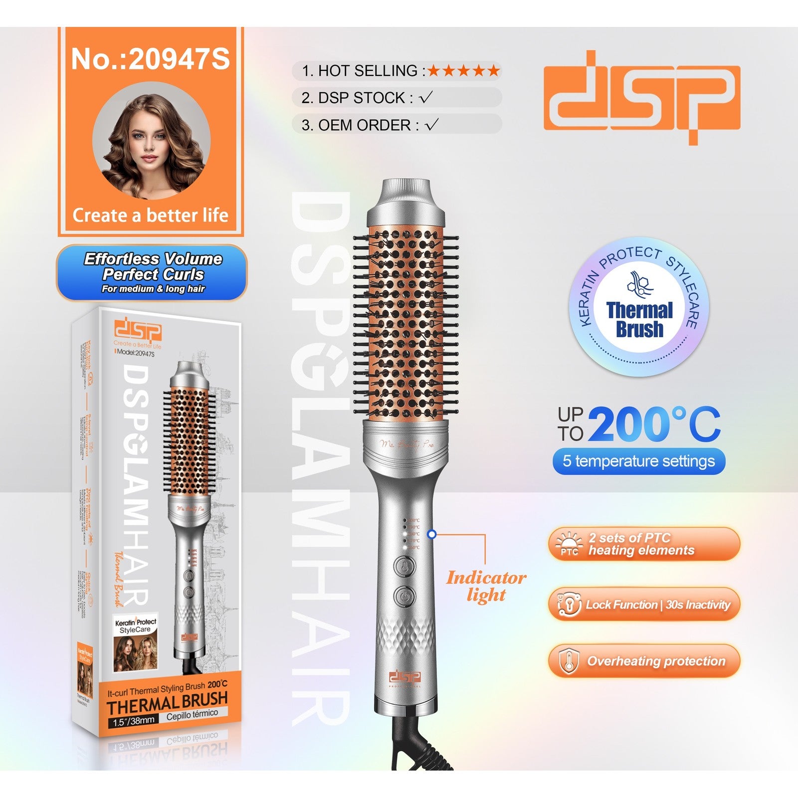 فرشاة شعر حرارية DSP 20947S – 78 وات بأسطوانة 38 مم و5 درجات حرارة – صورة 4