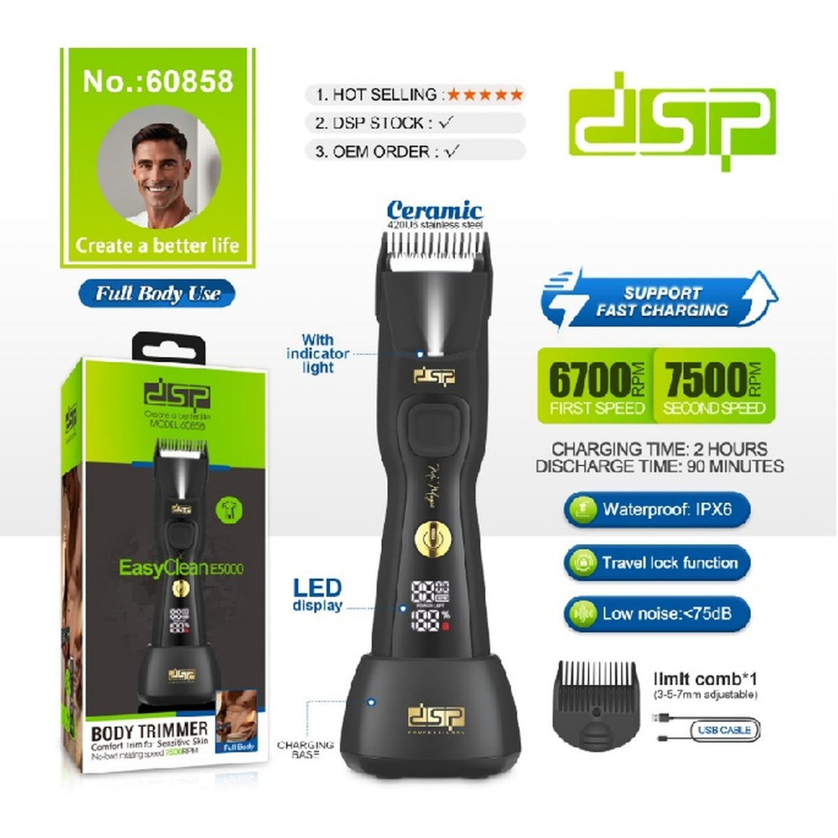 ماكينة تشذيب الجسم DSP 60858 – سرعتان ومقاومة للماء IPX6 بقاعدة شحن