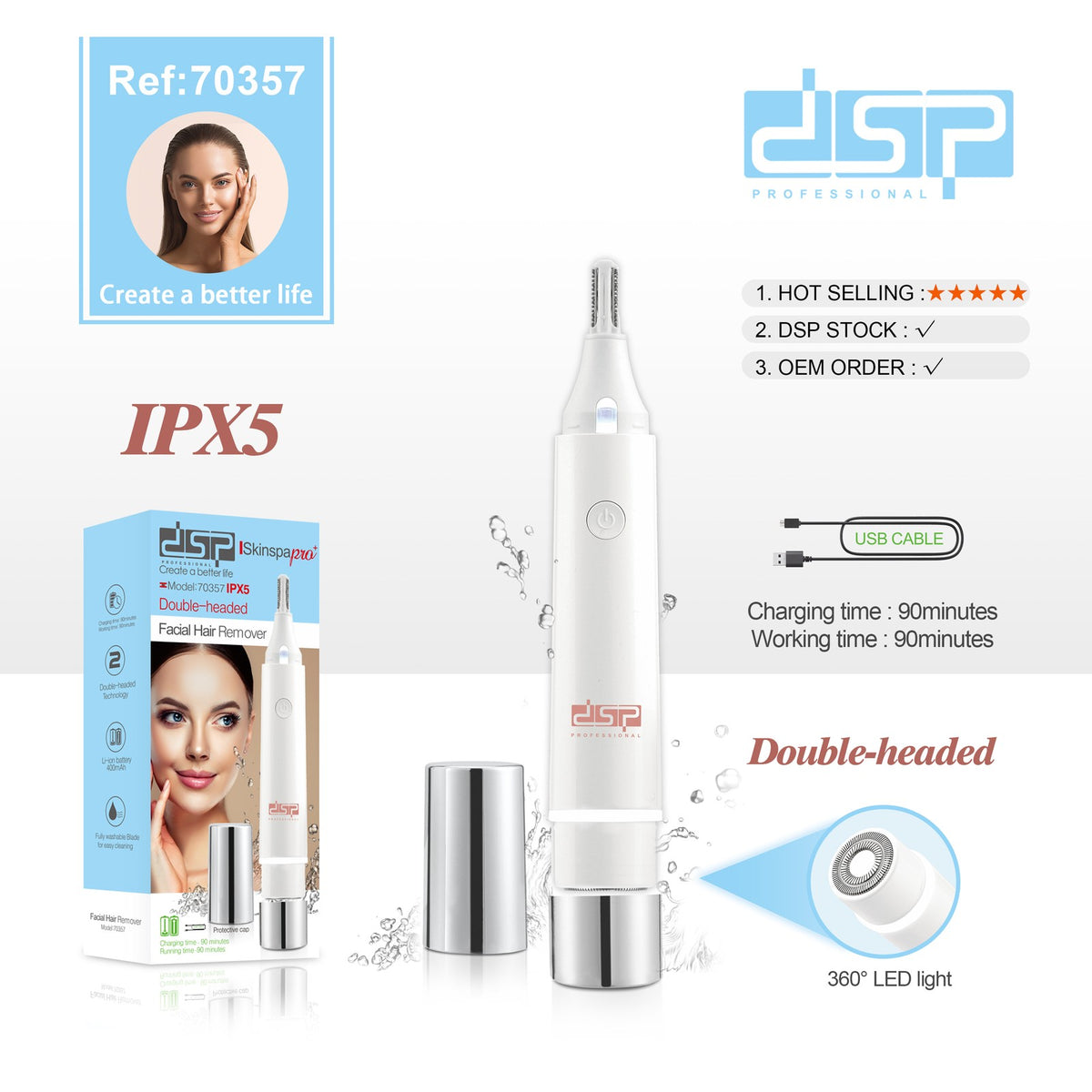 ماكينة إزالة شعر الوجه DSP 70357 – قابلة للشحن ومقاومة للماء IPX5 – صورة 4