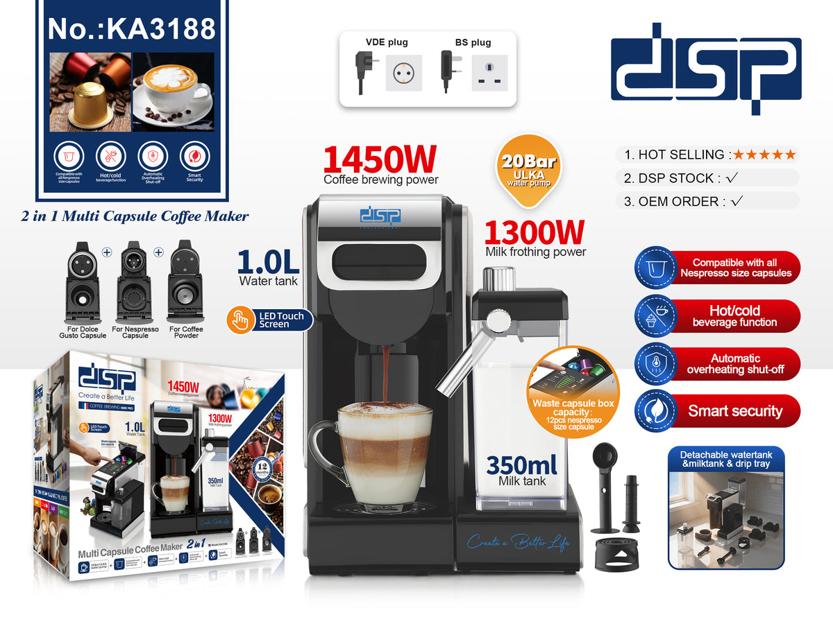 ماكينة قهوة كبسولات 2 في 1 مع خافق لبن – 20 بار – DSP KA3188 – صورة 6