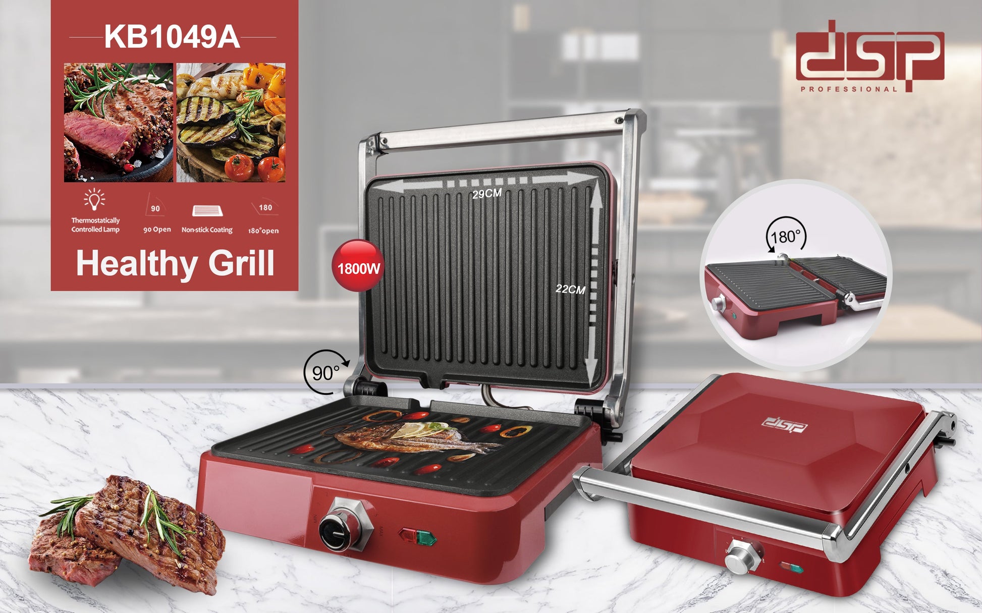 Electric Grill 180° Flat Opening Non-Stick 30x24cm 1800W | KB1049A | DSP | Image 6