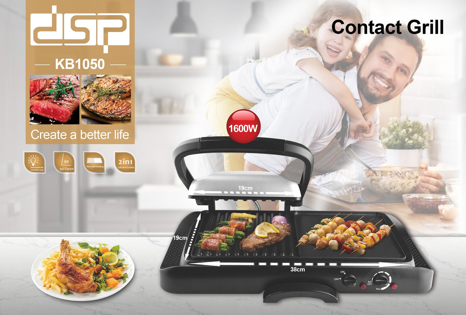 2-in-1 Electric Grill & Griddle 38cm 90° Open 1600W | KB1050 | DSP | Image 5