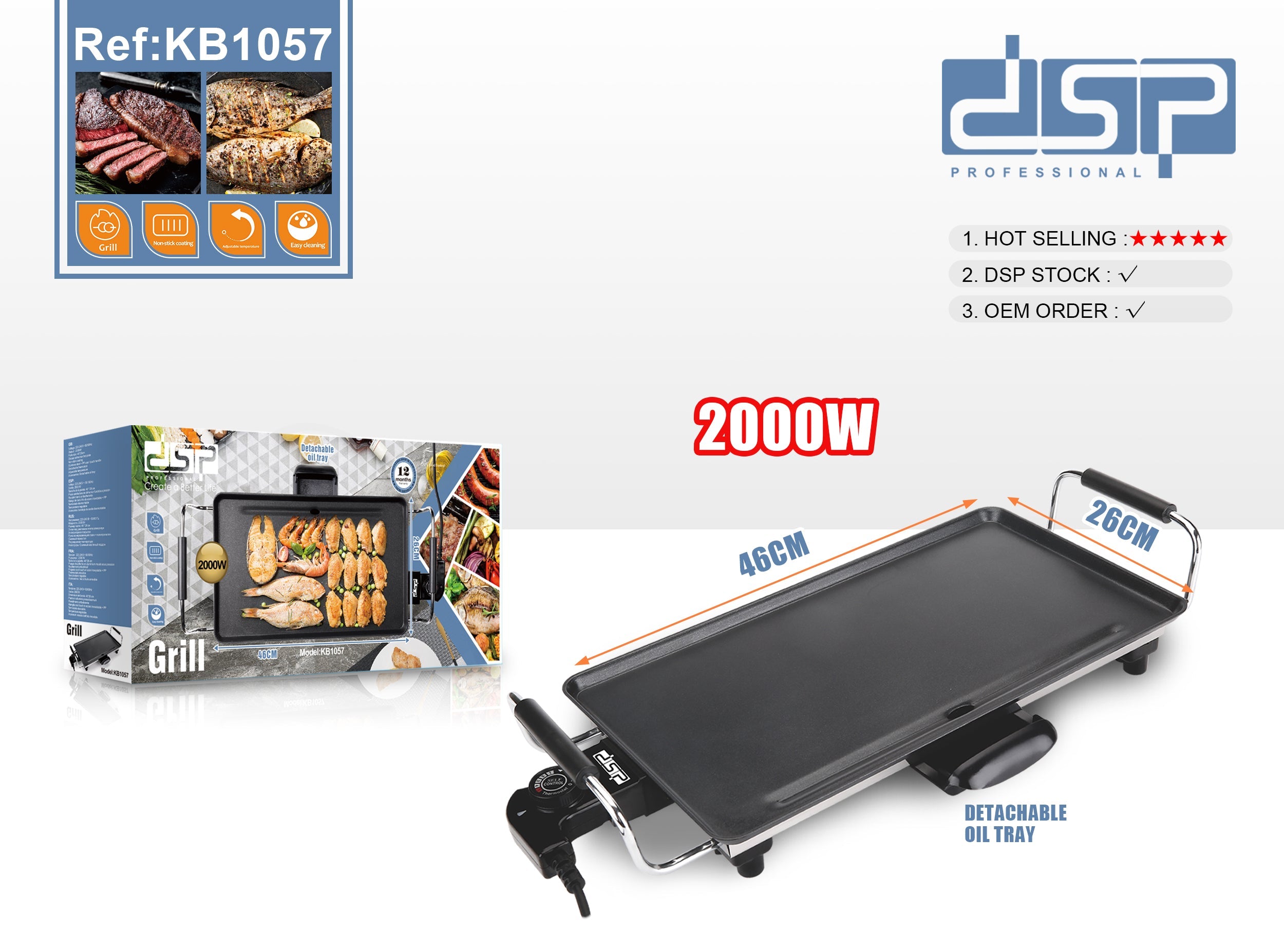 Flat Electric Griddle Large Non-Stick Surface 46x26cm 2000W | KB1057 | DSP | Image 6