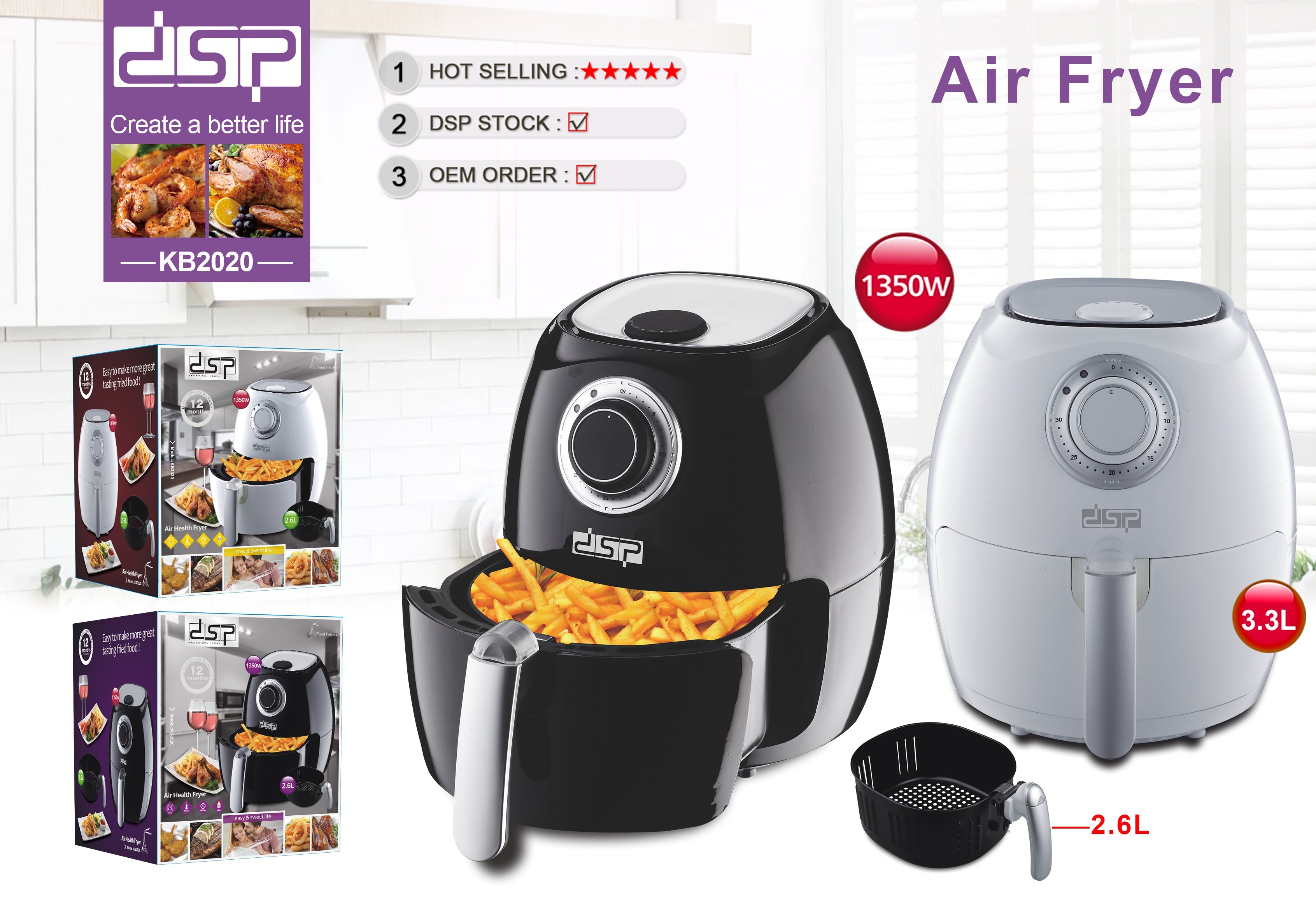 DSP KB2020 Air Fryer – 1350 Watts with a capacity of 3.3 liters (2.6-liter inner basket) with mechanical control