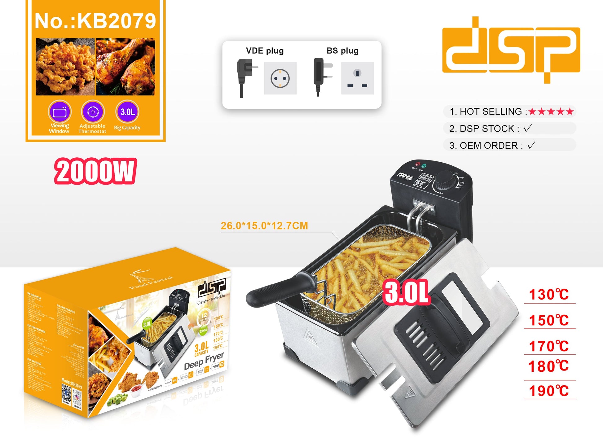 Electric Deep Fryer Adjustable Temp 3L Basket 2000W | KB2079 | DSP | Image 6