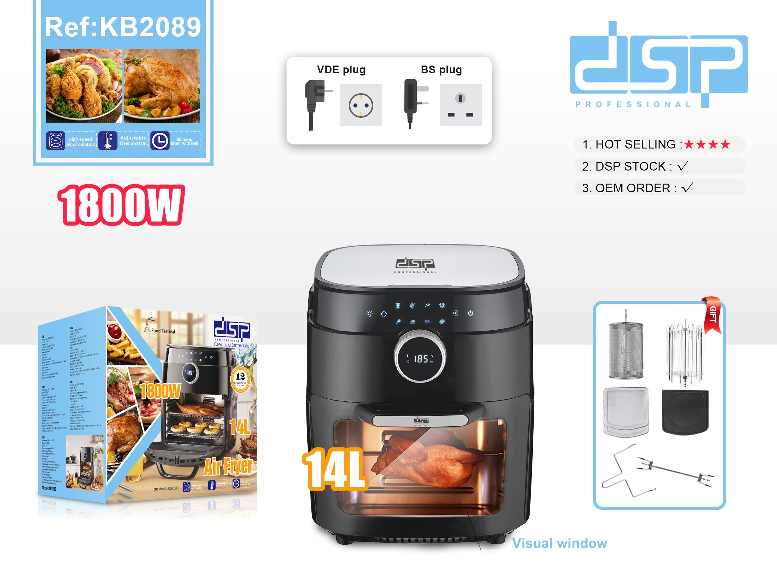 DSP KB2089 Oven Air Fryer – 1800 Watts with a capacity of 14 liters with a viewing window and multiple accessories