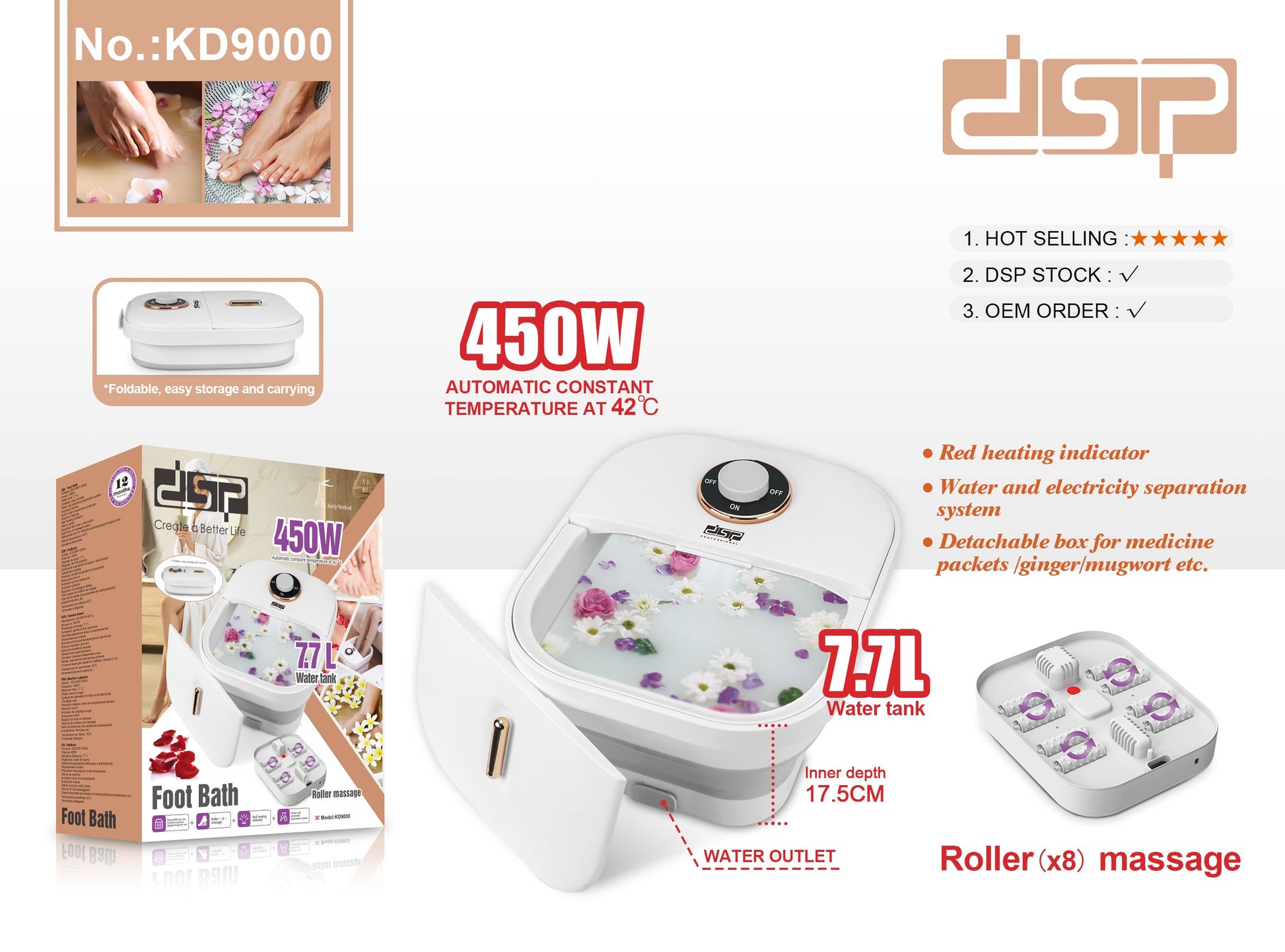 Electric Foot Bath Roller Massage 450W 7.7L Tank | KD9000 | DSP | Image 6