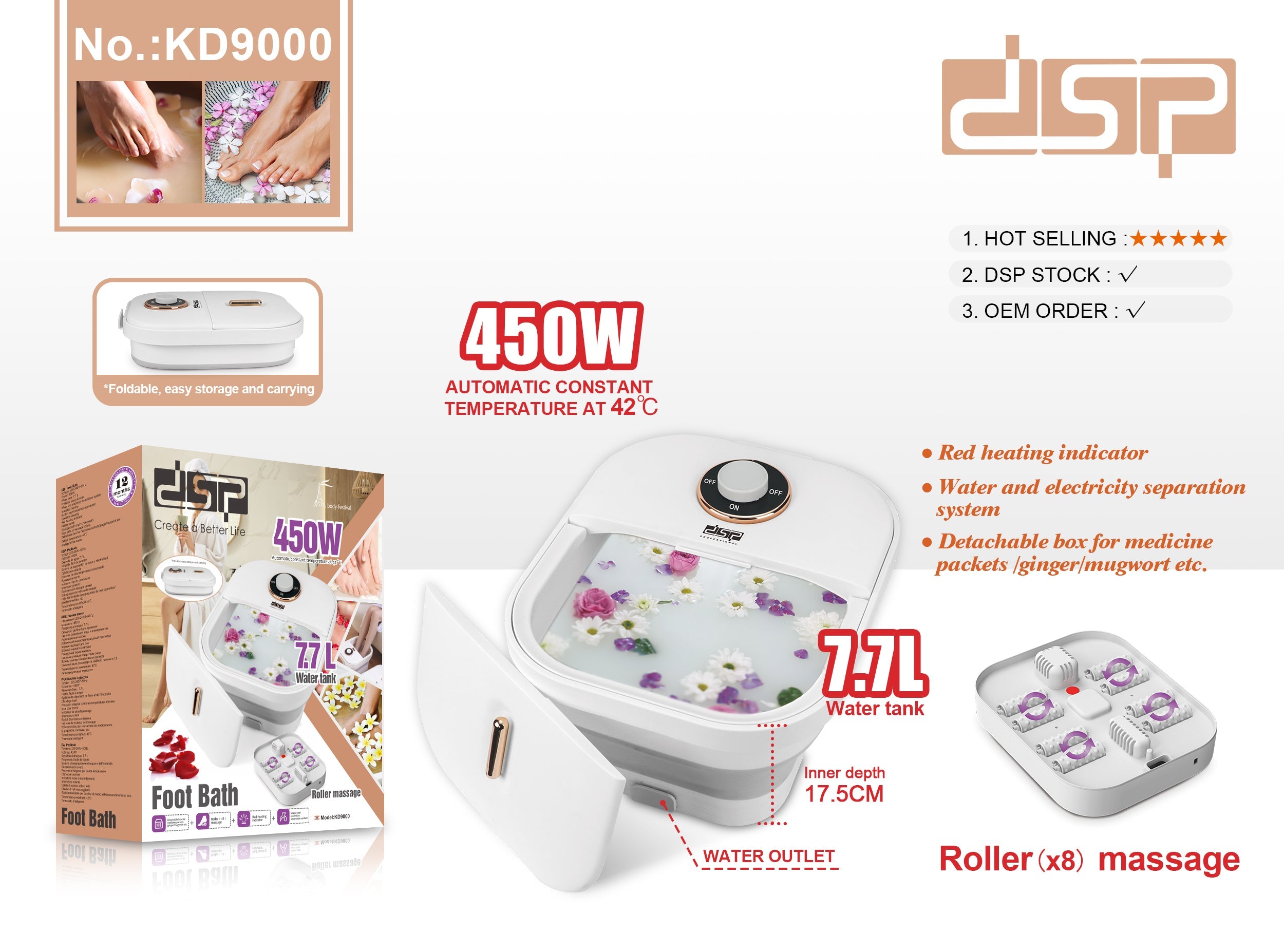 Electric Foot Bath Roller Massage 450W 7.7L Tank | KD9000 | DSP | Image 6