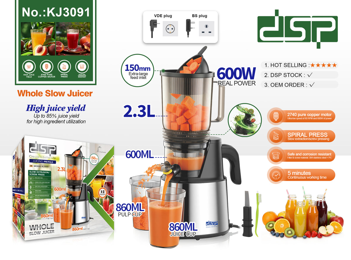 عصارة فواكه بطيئة DSP KJ3091 – 600 وات – سعة 2.3 لتر