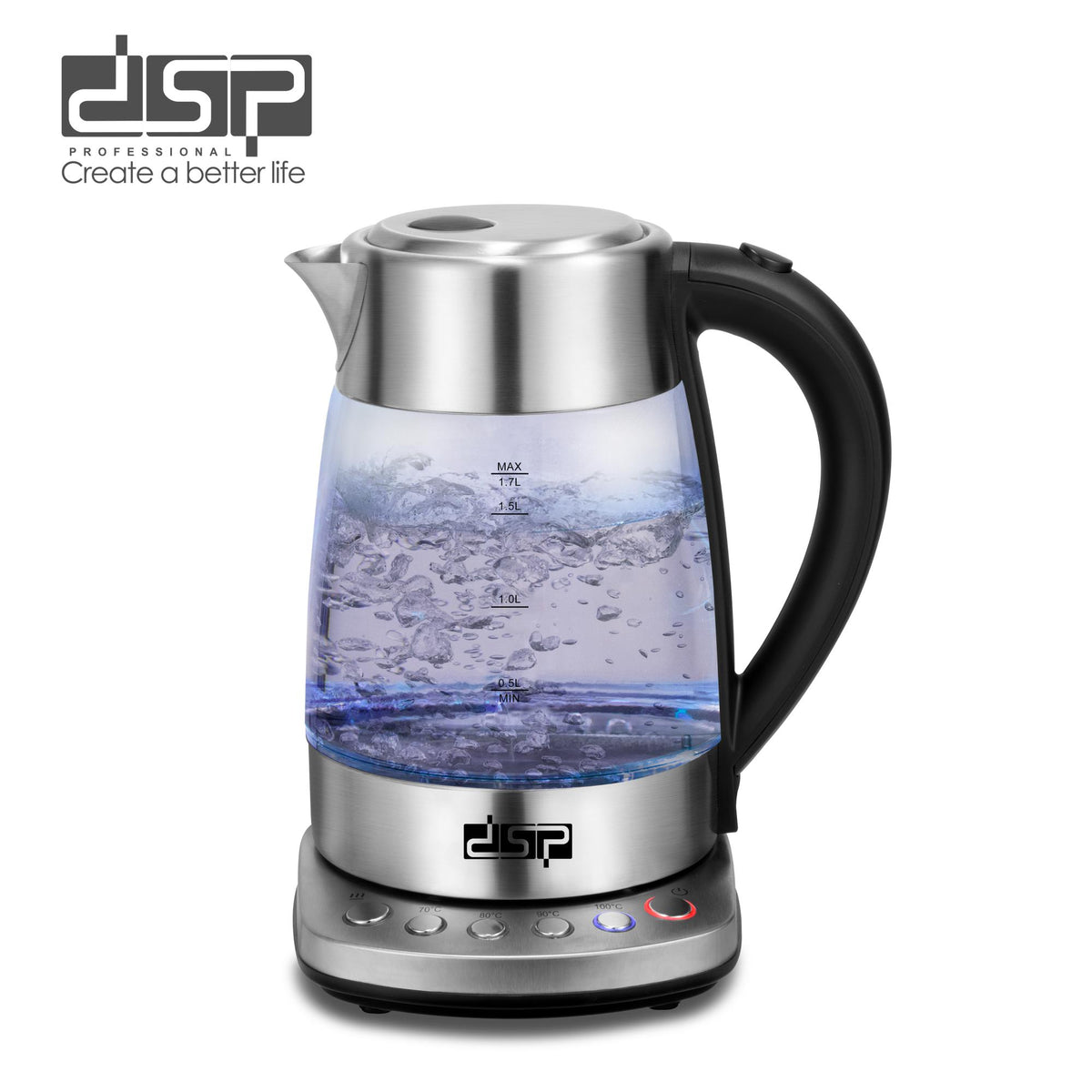 DSP KK1282 Temperature-Controlled Glass Kettle with 4 Settings – 1.7 L, 2200 W, LED Light