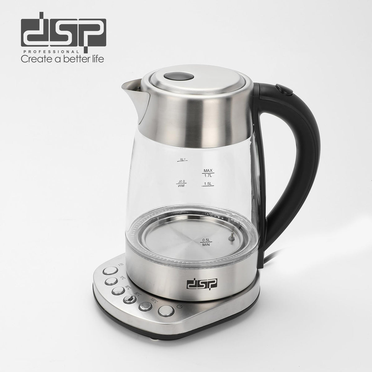 DSP KK1282 Temperature-Controlled Glass Kettle with 4 Settings – 1.7 L, 2200 W, LED Light
