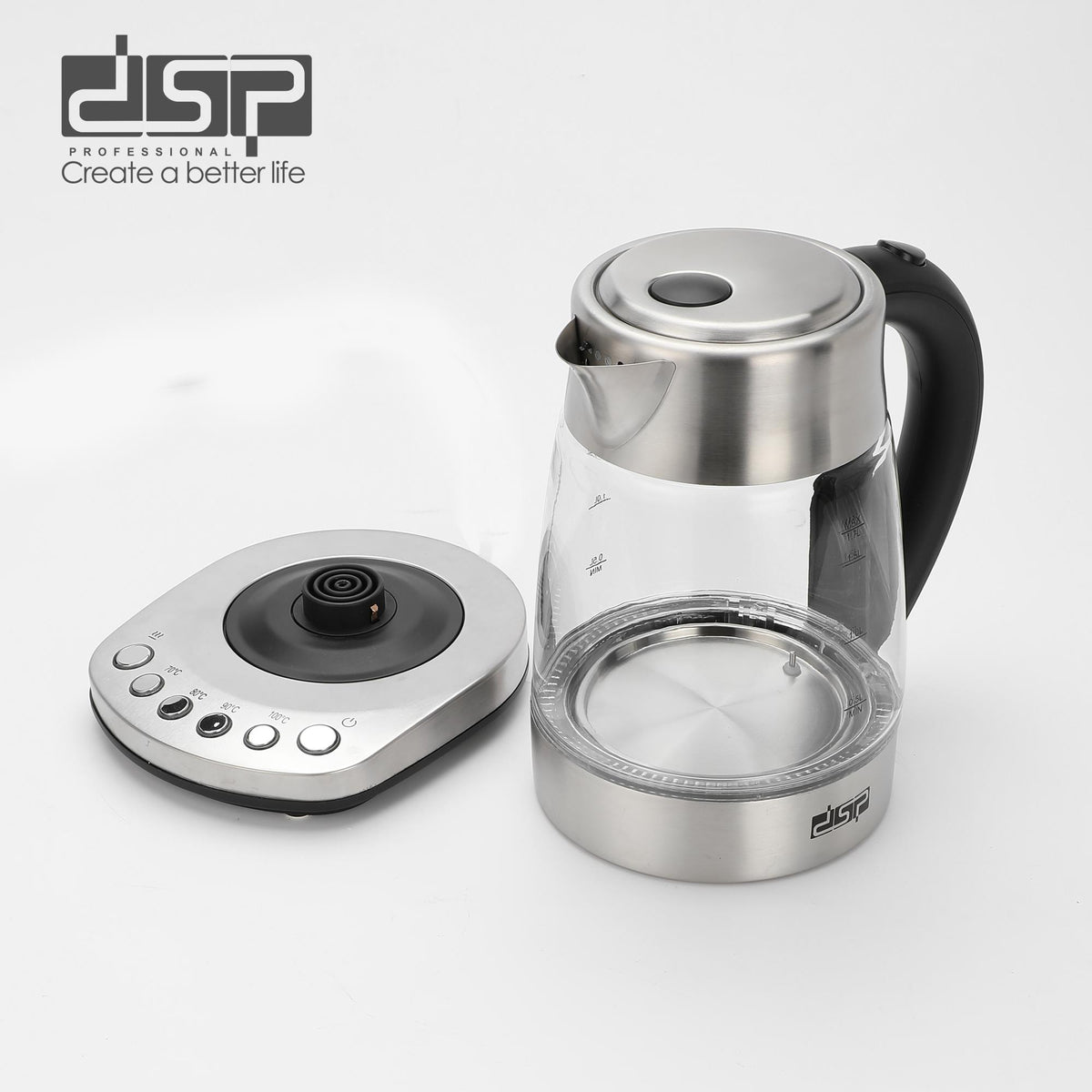 DSP KK1282 Temperature-Controlled Glass Kettle with 4 Settings – 1.7 L, 2200 W, LED Light