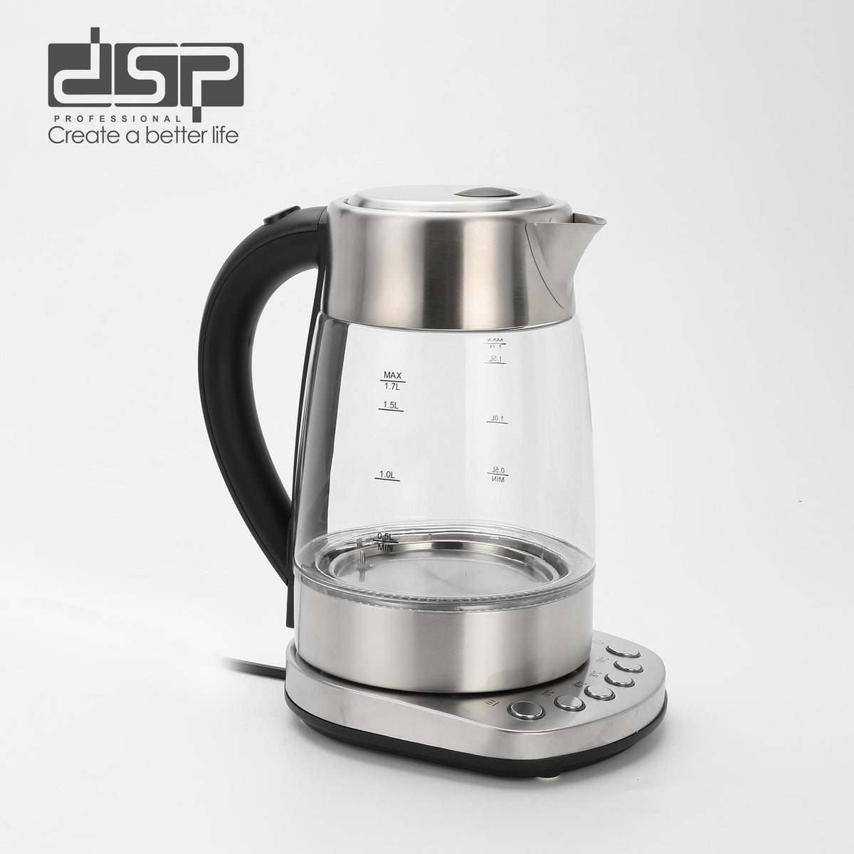DSP KK1282 Temperature-Controlled Glass Kettle with 4 Settings – 1.7 L, 2200 W, LED Light