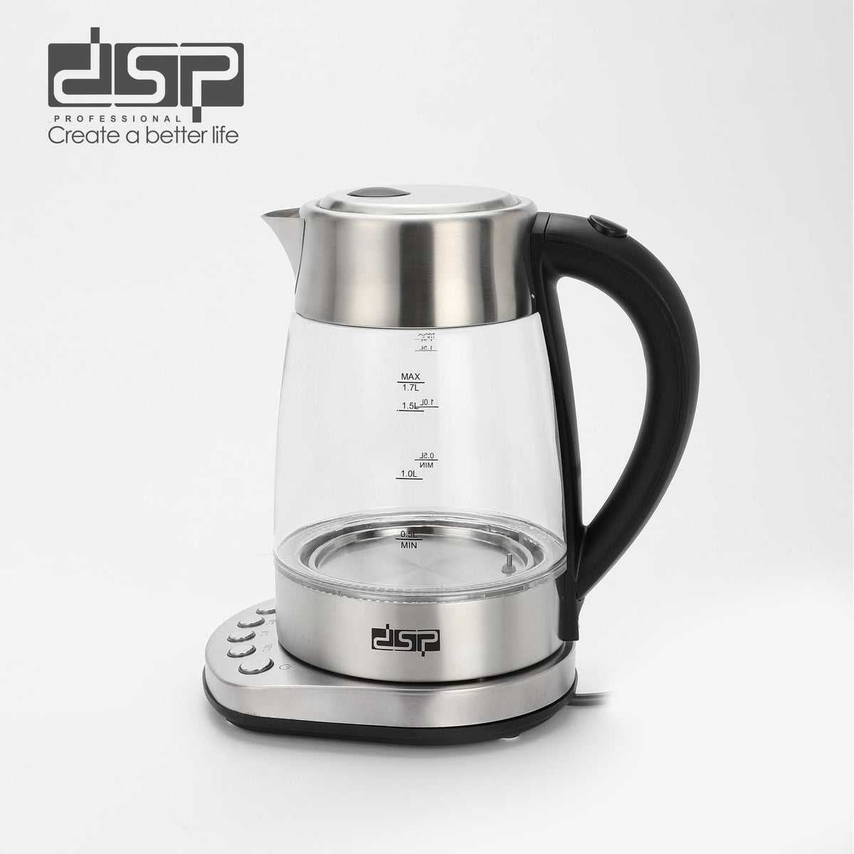 DSP KK1282 Temperature-Controlled Glass Kettle with 4 Settings – 1.7 L, 2200 W, LED Light