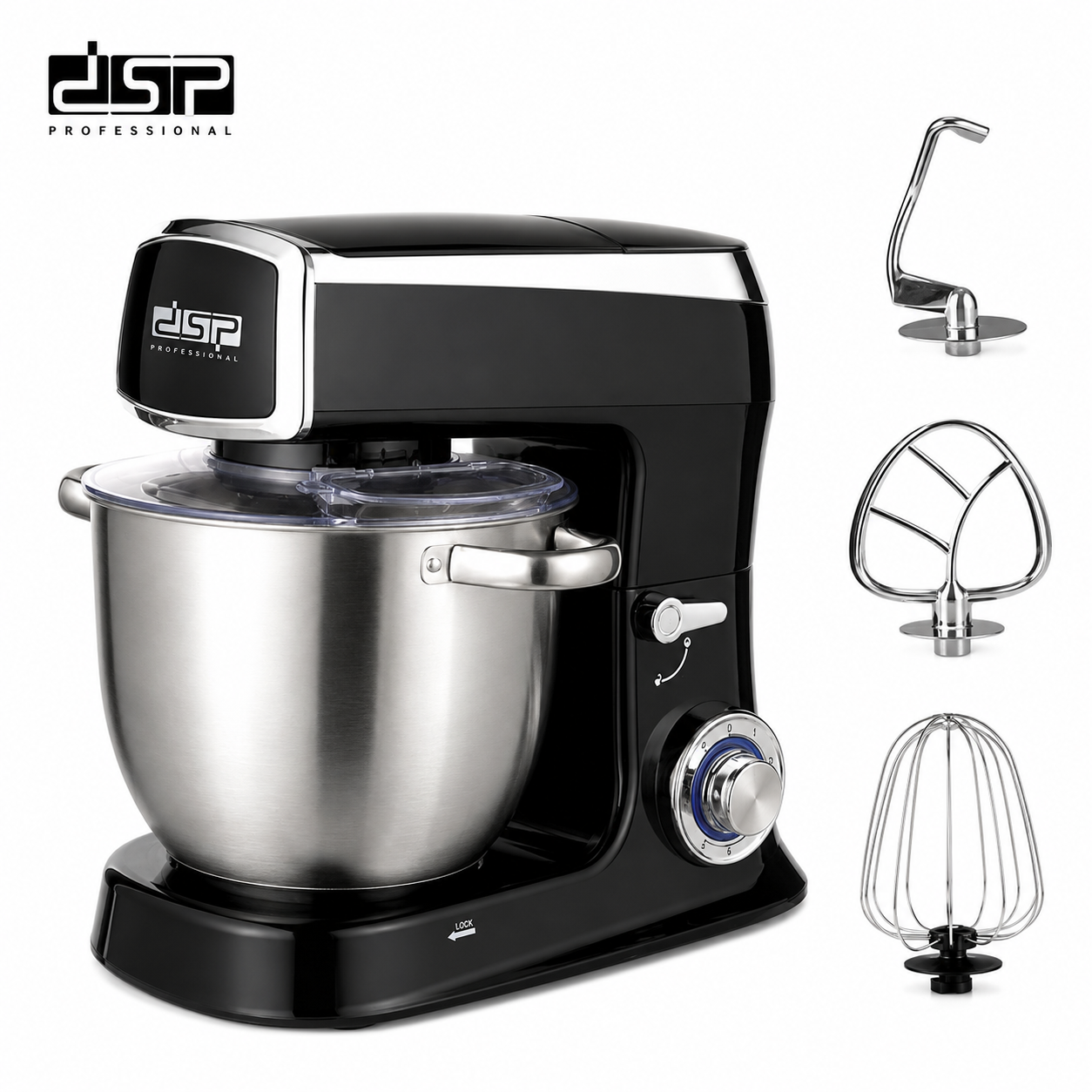 عجان ستاند DSP KM3051 أسود – 1500 وات ووعاء ستانلس 8 لتر بـ 6 سرعات